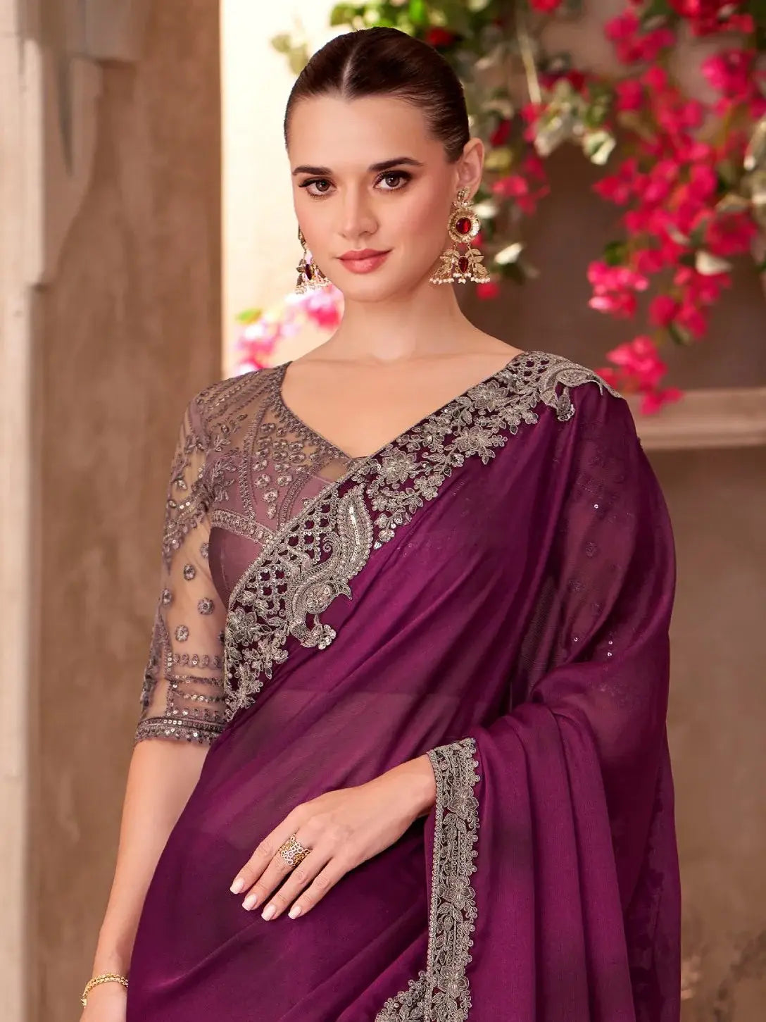 Exquisite Wine Border Work Chiffon Function Wear Saree With Blouse - Zeel Clothing