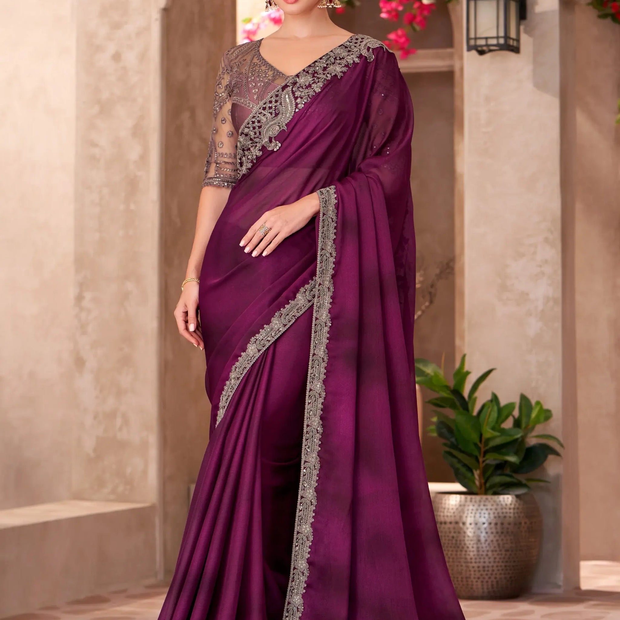 Exquisite Wine Border Work Chiffon Function Wear Saree With Blouse - Zeel Clothing