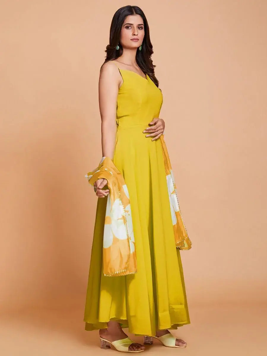 Exquisite Yellow Georgette Party Wear Gown With Dupatta - Zeel Clothing