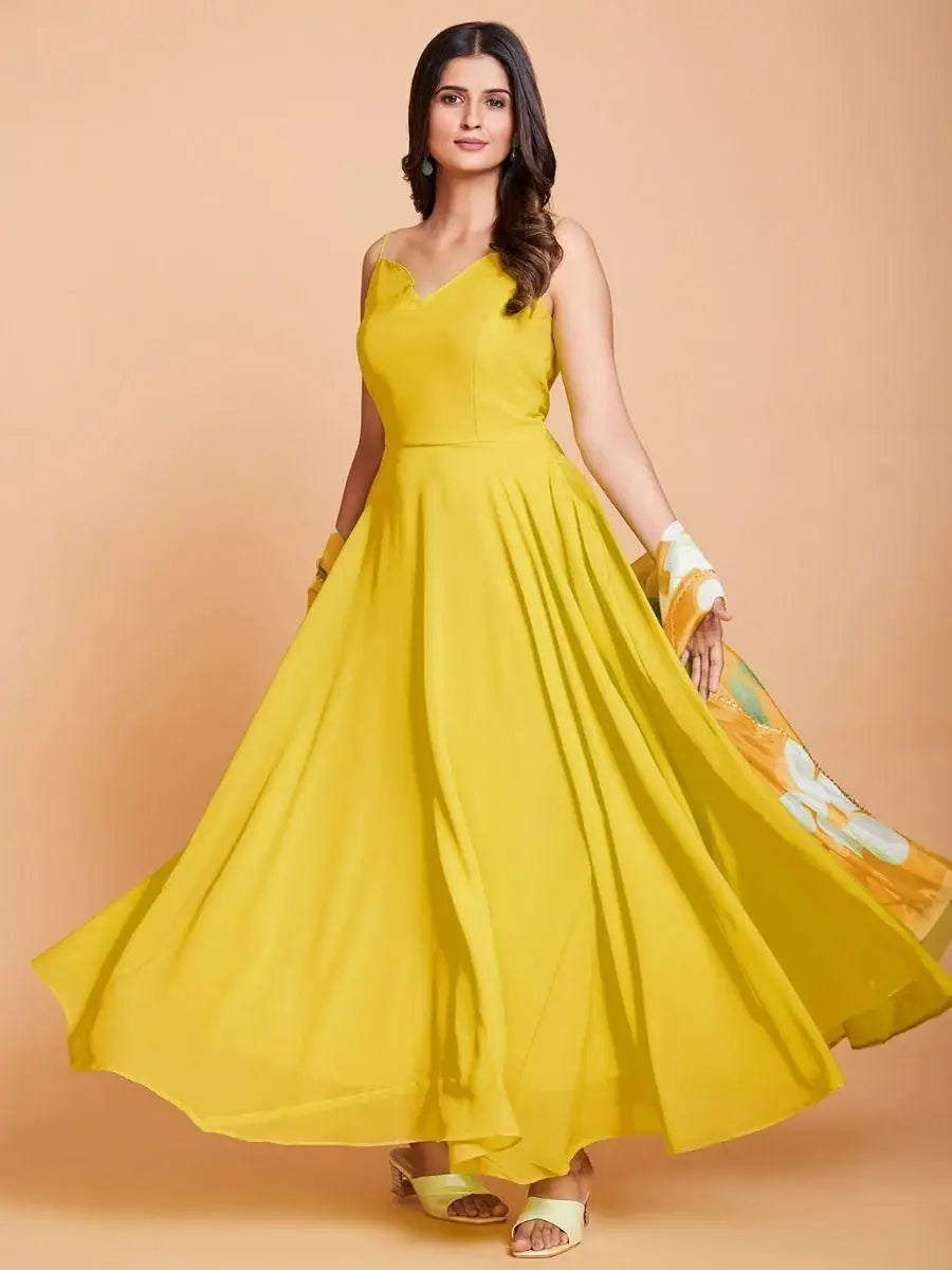 Exquisite Yellow Georgette Party Wear Gown With Dupatta - Zeel Clothing
