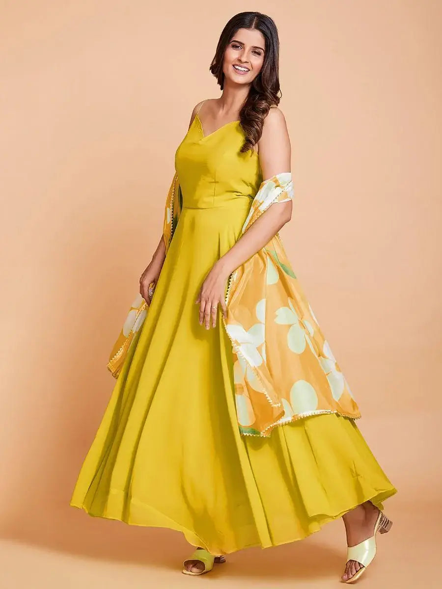Exquisite Yellow Georgette Party Wear Gown With Dupatta - Zeel Clothing