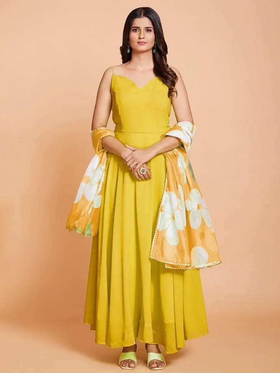 Exquisite Yellow Georgette Party Wear Gown With Dupatta - Zeel Clothing