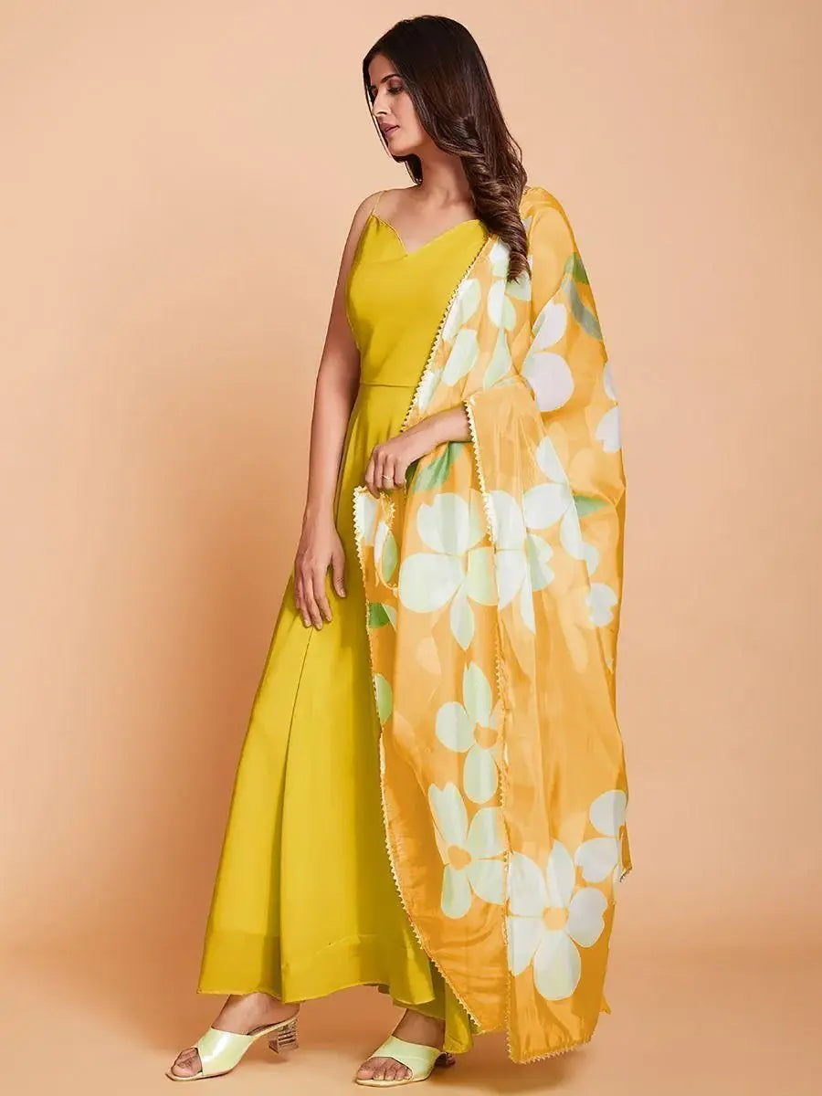 Exquisite Yellow Georgette Party Wear Gown With Dupatta - Zeel Clothing