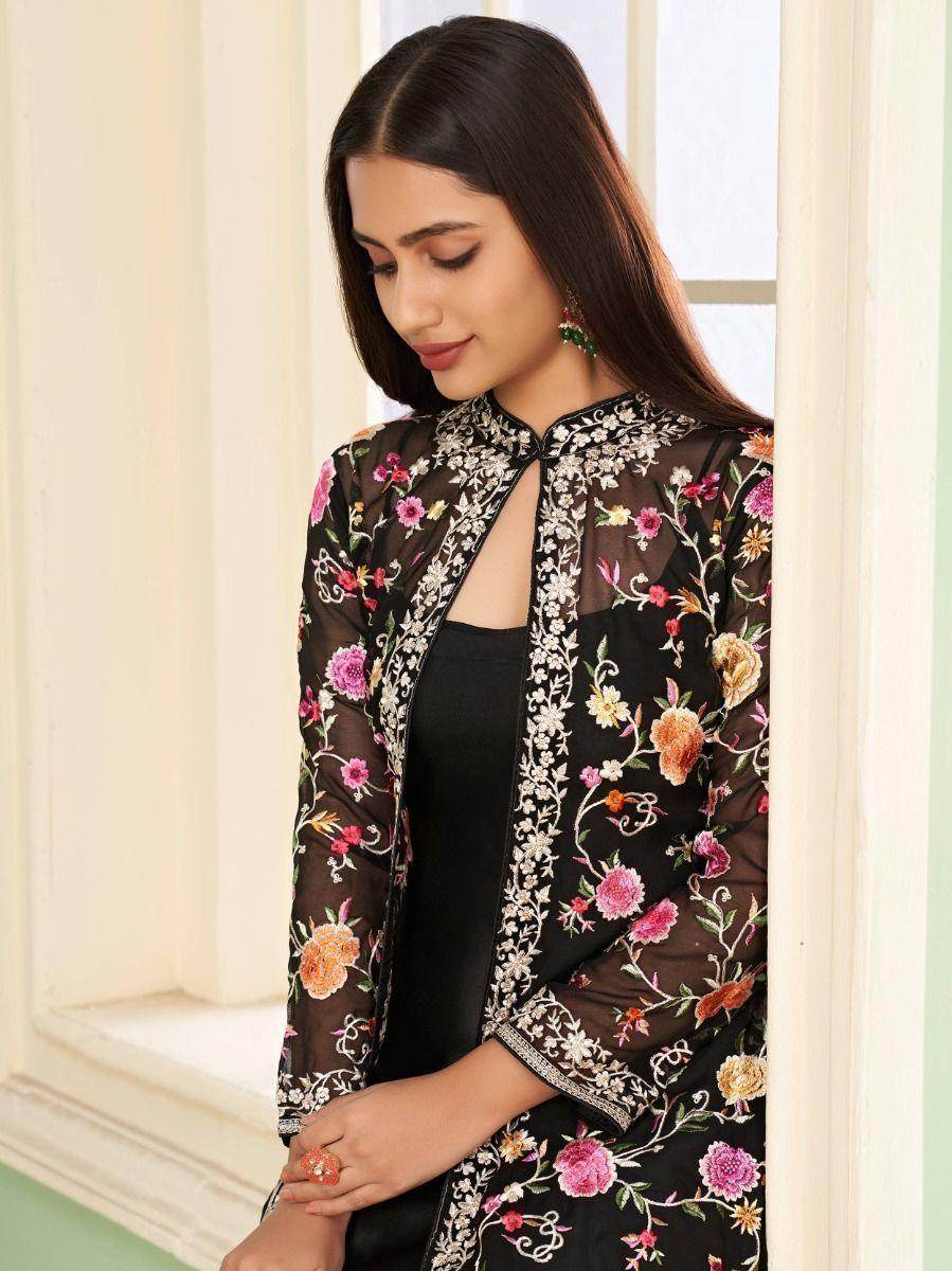 Extraordinary Black Embroidered Georgette Jacket Salwar Suit - Zeel Clothing