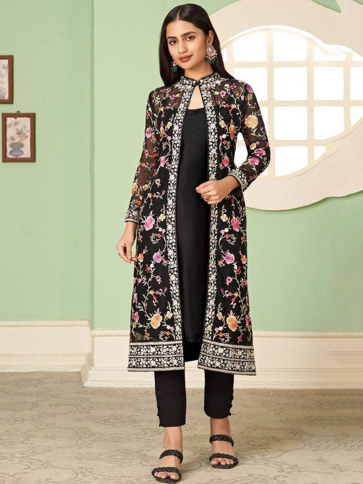 Extraordinary Black Embroidered Georgette Jacket Salwar Suit - Zeel Clothing