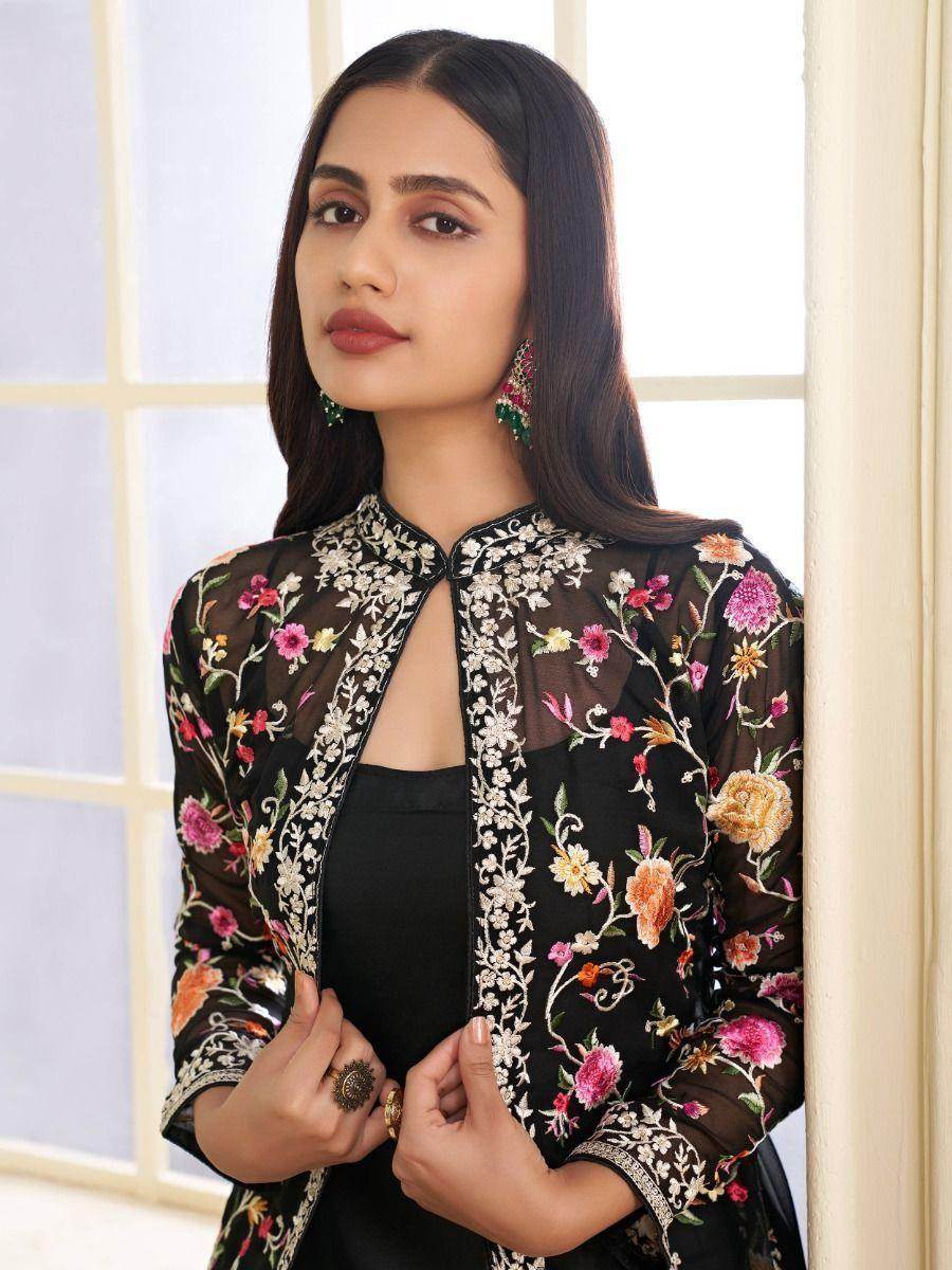 Extraordinary Black Embroidered Georgette Jacket Salwar Suit - Zeel Clothing