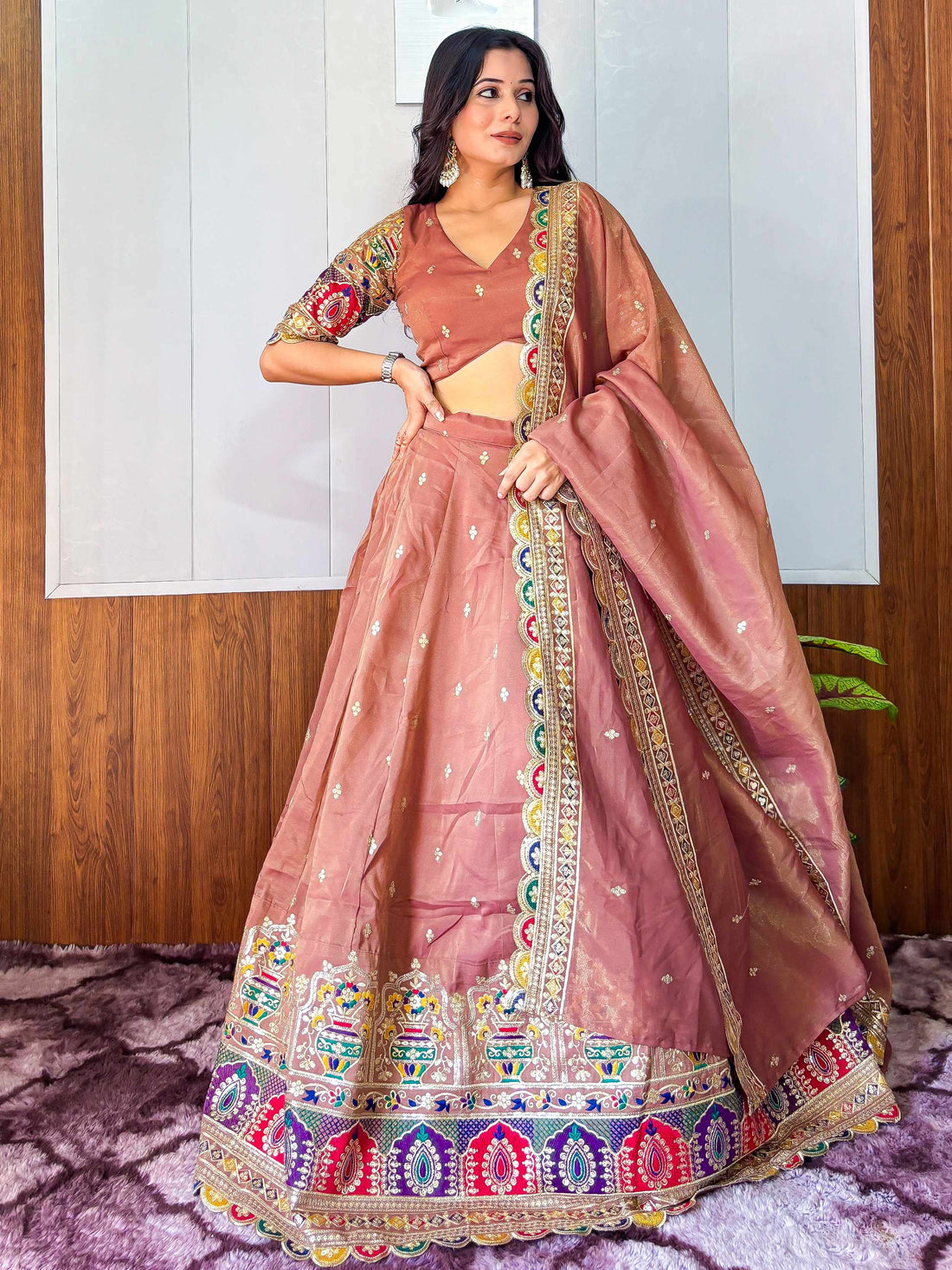 Eye-Catching Beige Sequins Work Silk Function Wear Lehenga Choli With Dupatta