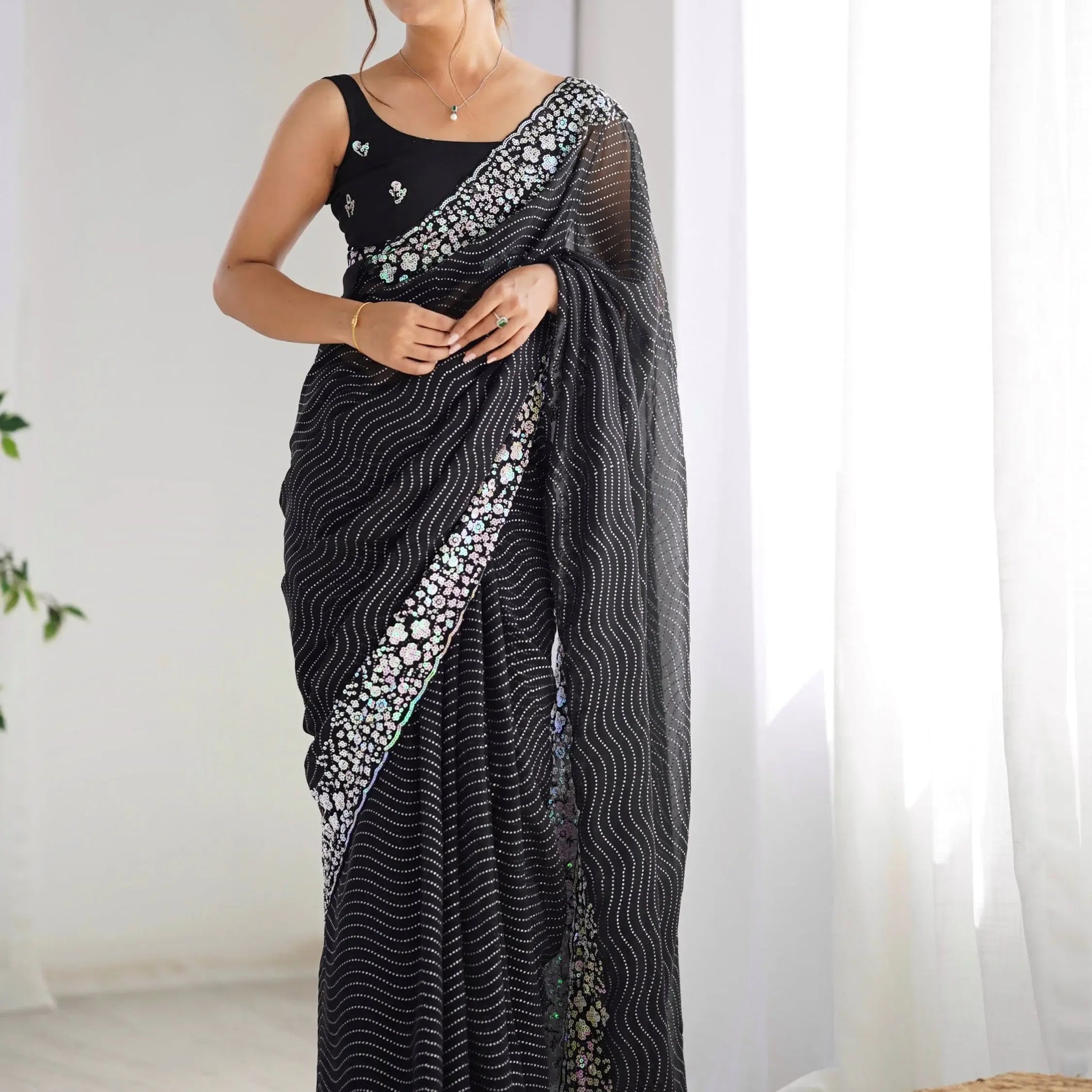 Eye-Catching Black Sequins Georgette Party Wear Saree With Blouse - Zeel Clothing