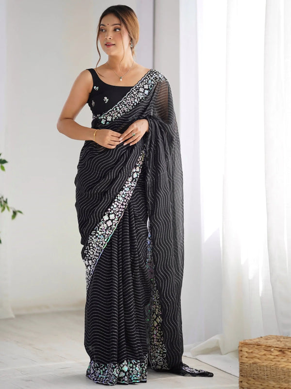 Eye-Catching Black Sequins Georgette Party Wear Saree With Blouse - Zeel Clothing