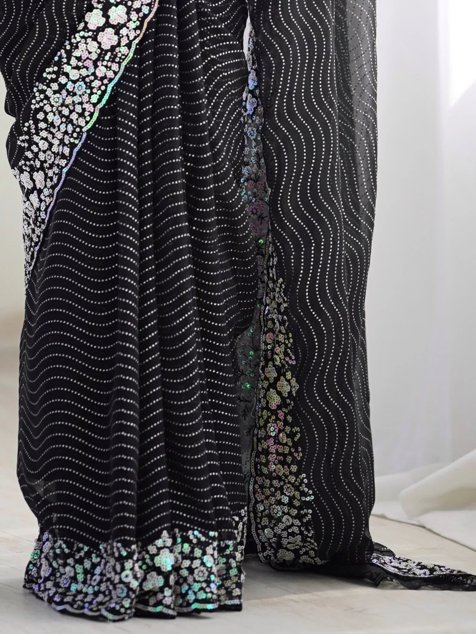 Eye-Catching Black Sequins Georgette Party Wear Saree With Blouse - Zeel Clothing