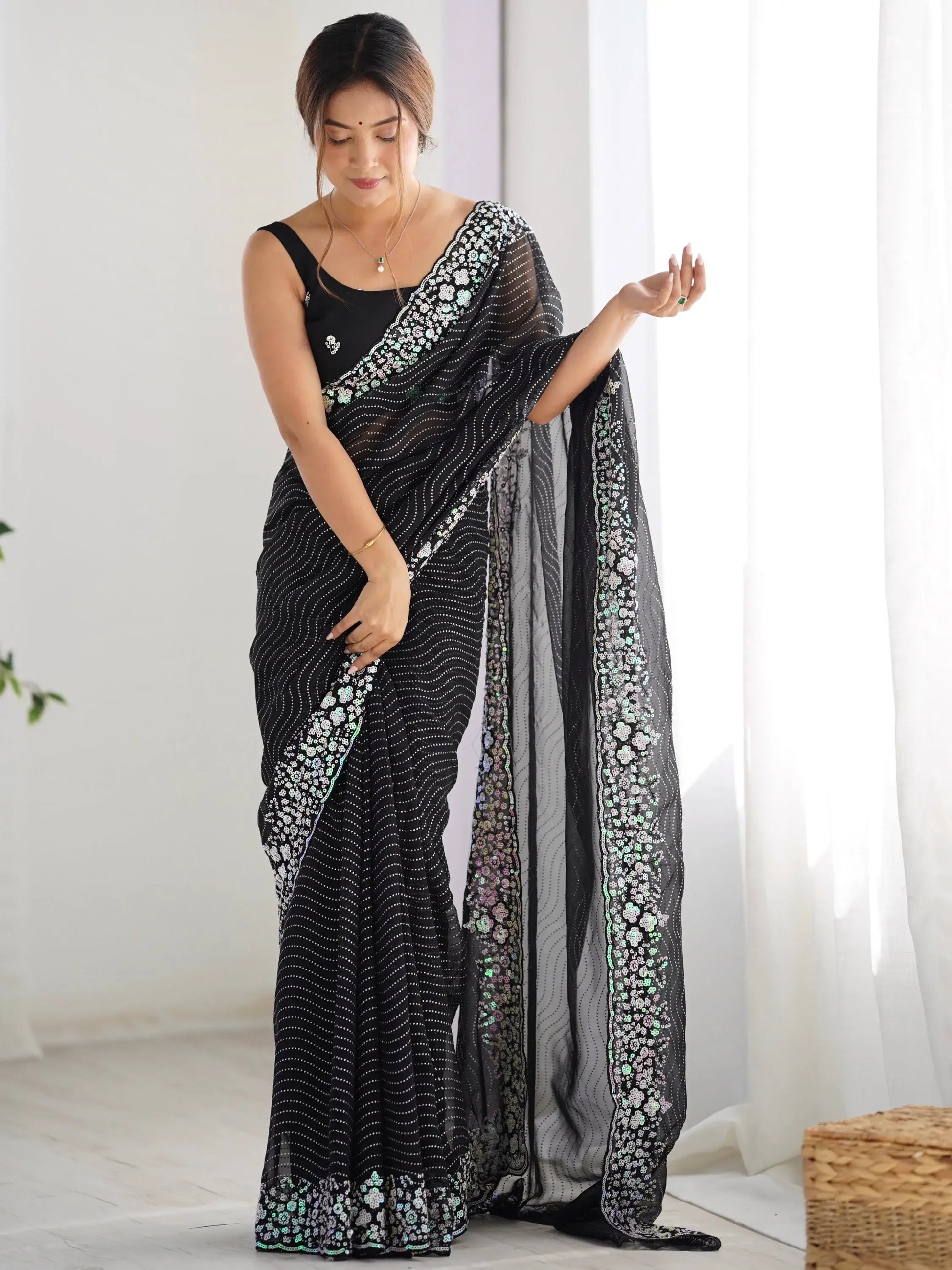 Eye-Catching Black Sequins Georgette Party Wear Saree With Blouse - Zeel Clothing