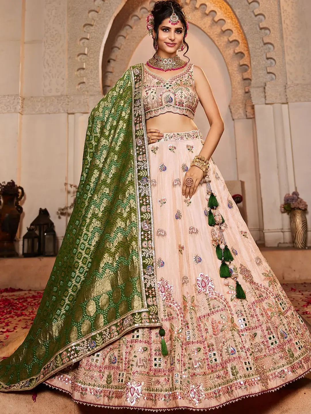 Eye-Catching Peach Thread Embroidered Tissue Traditional Lehenga Choli - Zeel Clothing