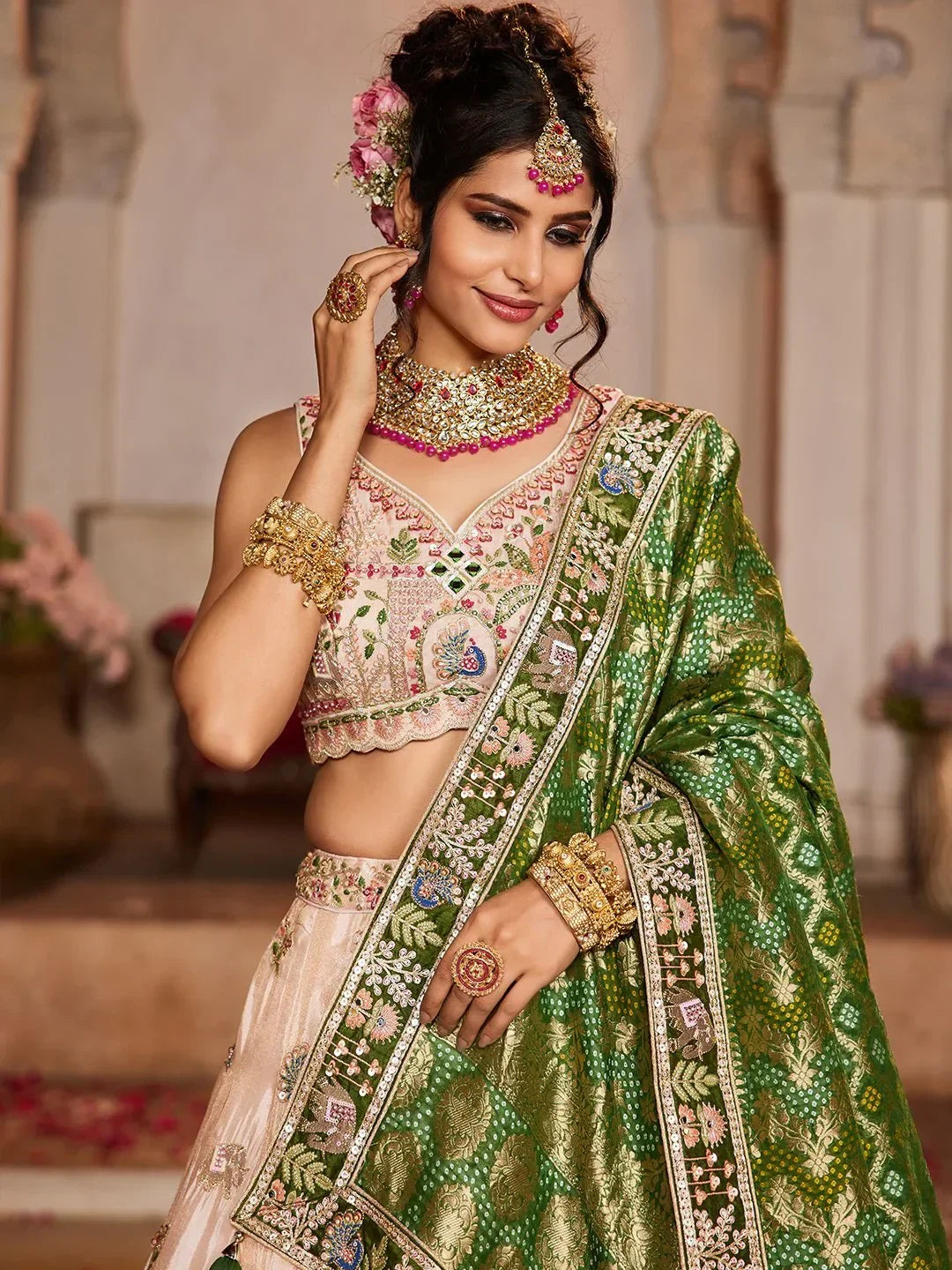 Eye-Catching Peach Thread Embroidered Tissue Traditional Lehenga Choli - Zeel Clothing