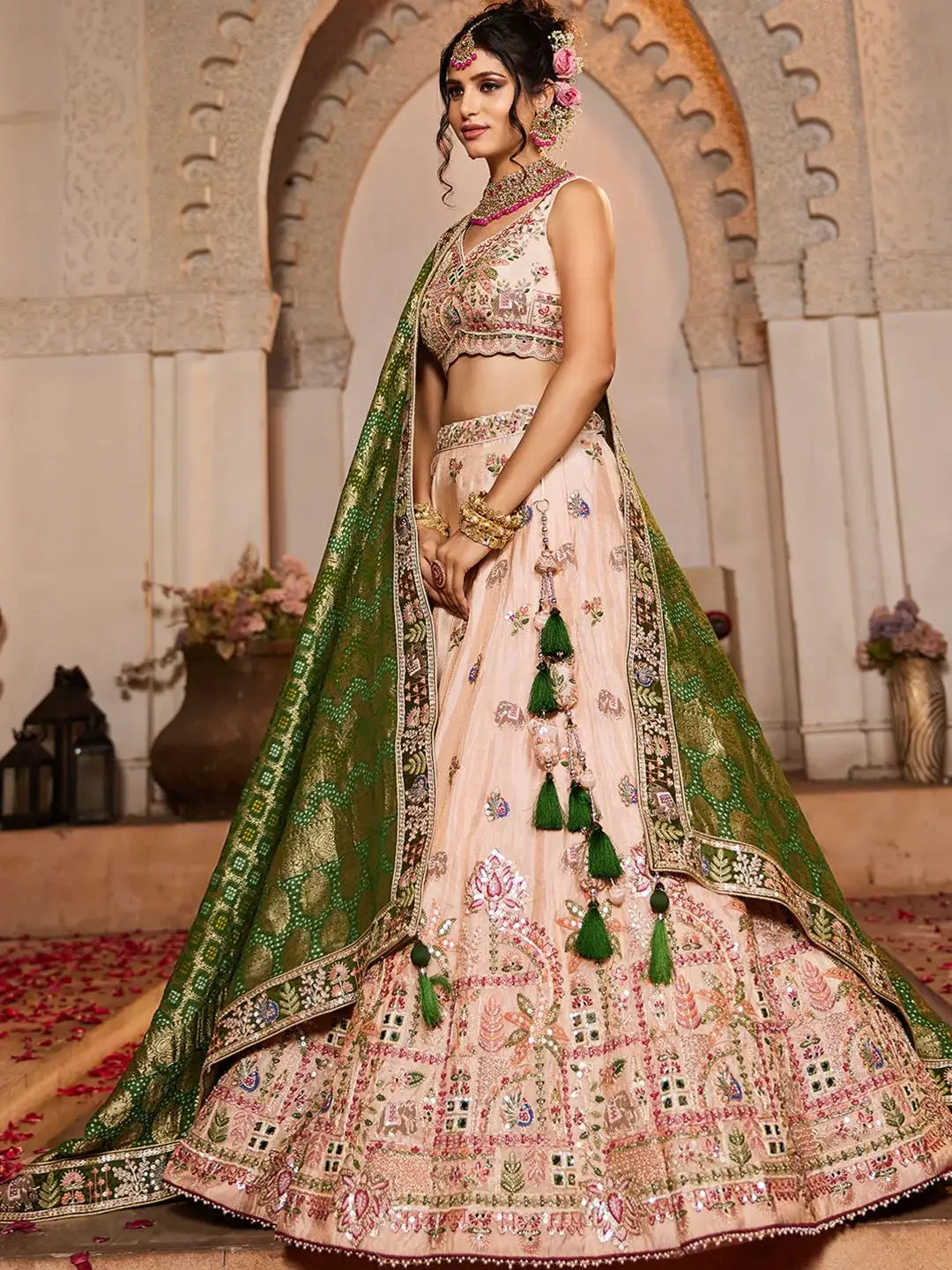Eye-Catching Peach Thread Embroidered Tissue Traditional Lehenga Choli - Zeel Clothing