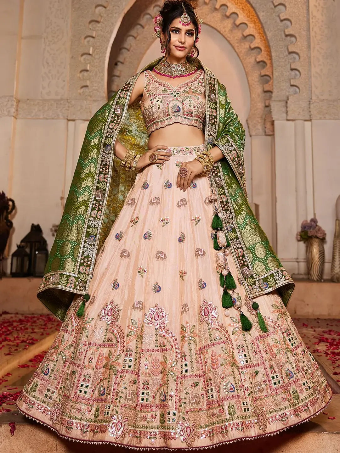 Eye-Catching Peach Thread Embroidered Tissue Traditional Lehenga Choli - Zeel Clothing