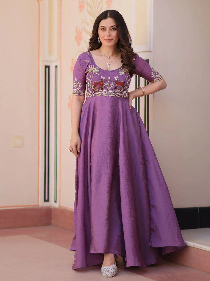 Eye-Catching Purple Bead Embroidered Organza Traditional Gown - Zeel Clothing