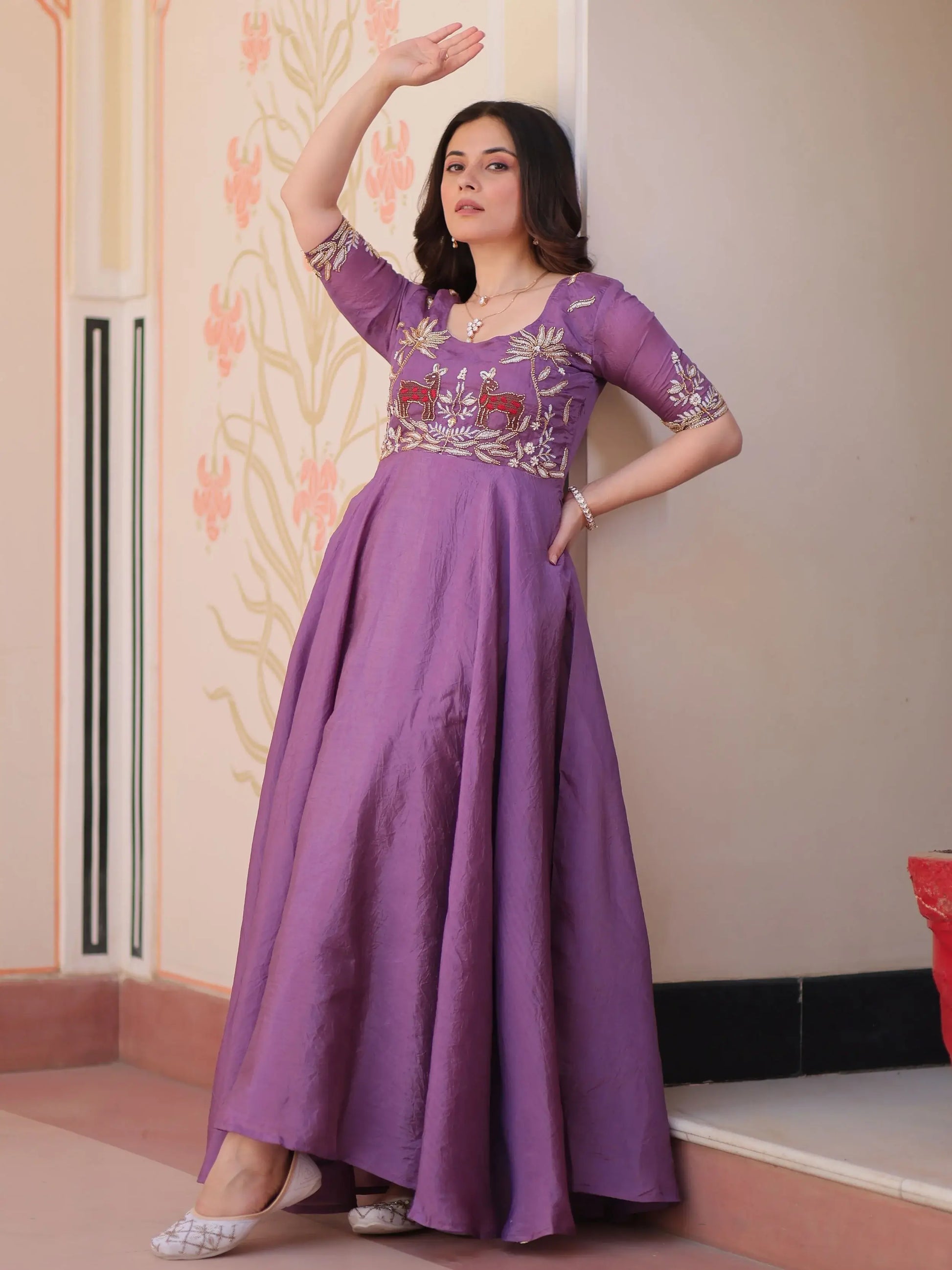 Eye-Catching Purple Bead Embroidered Organza Traditional Gown - Zeel Clothing