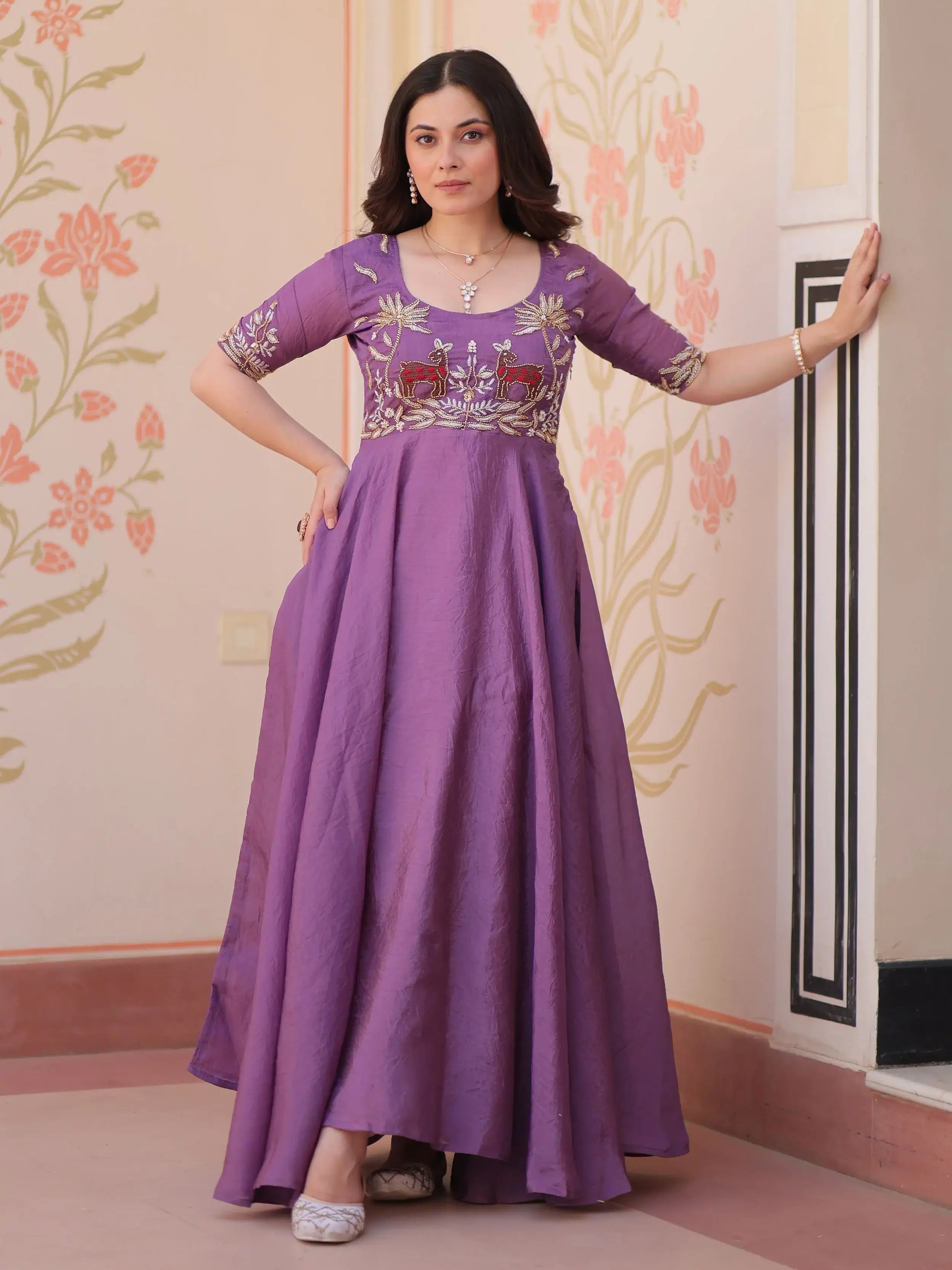 Eye-Catching Purple Bead Embroidered Organza Traditional Gown - Zeel Clothing