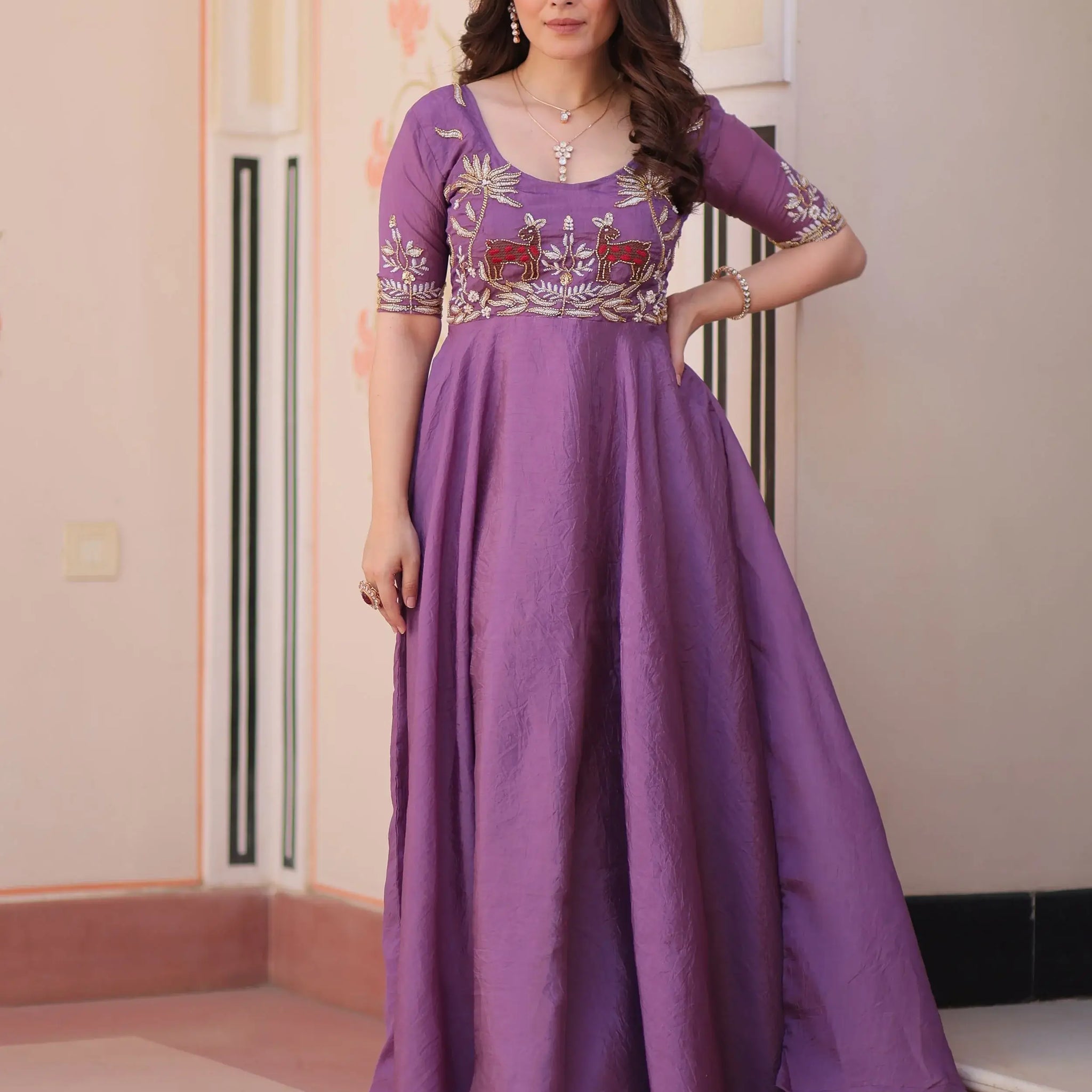 Eye-Catching Purple Bead Embroidered Organza Traditional Gown - Zeel Clothing