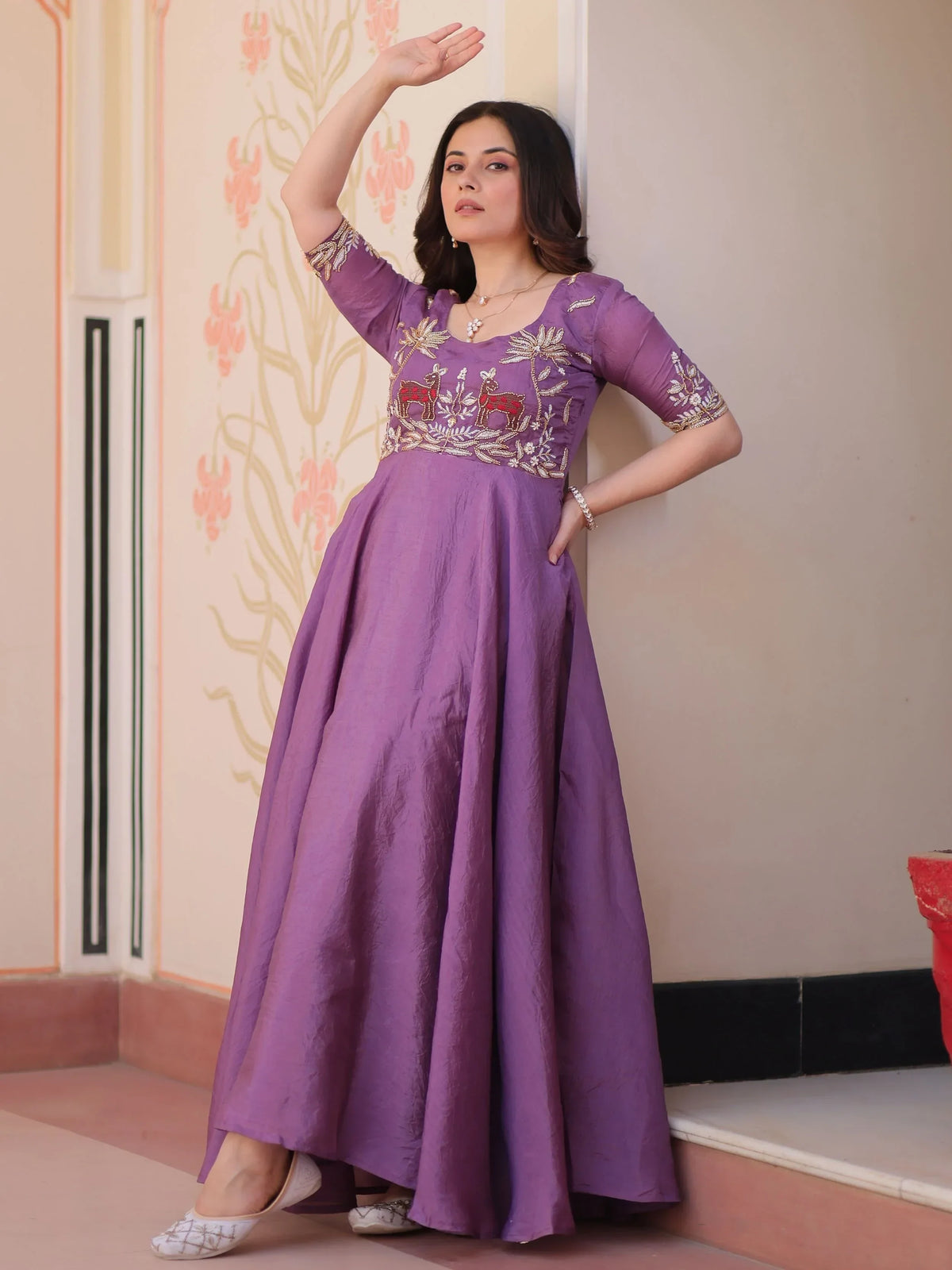 Eye-Catching Purple Bead Embroidered Organza Traditional Gown - Zeel Clothing