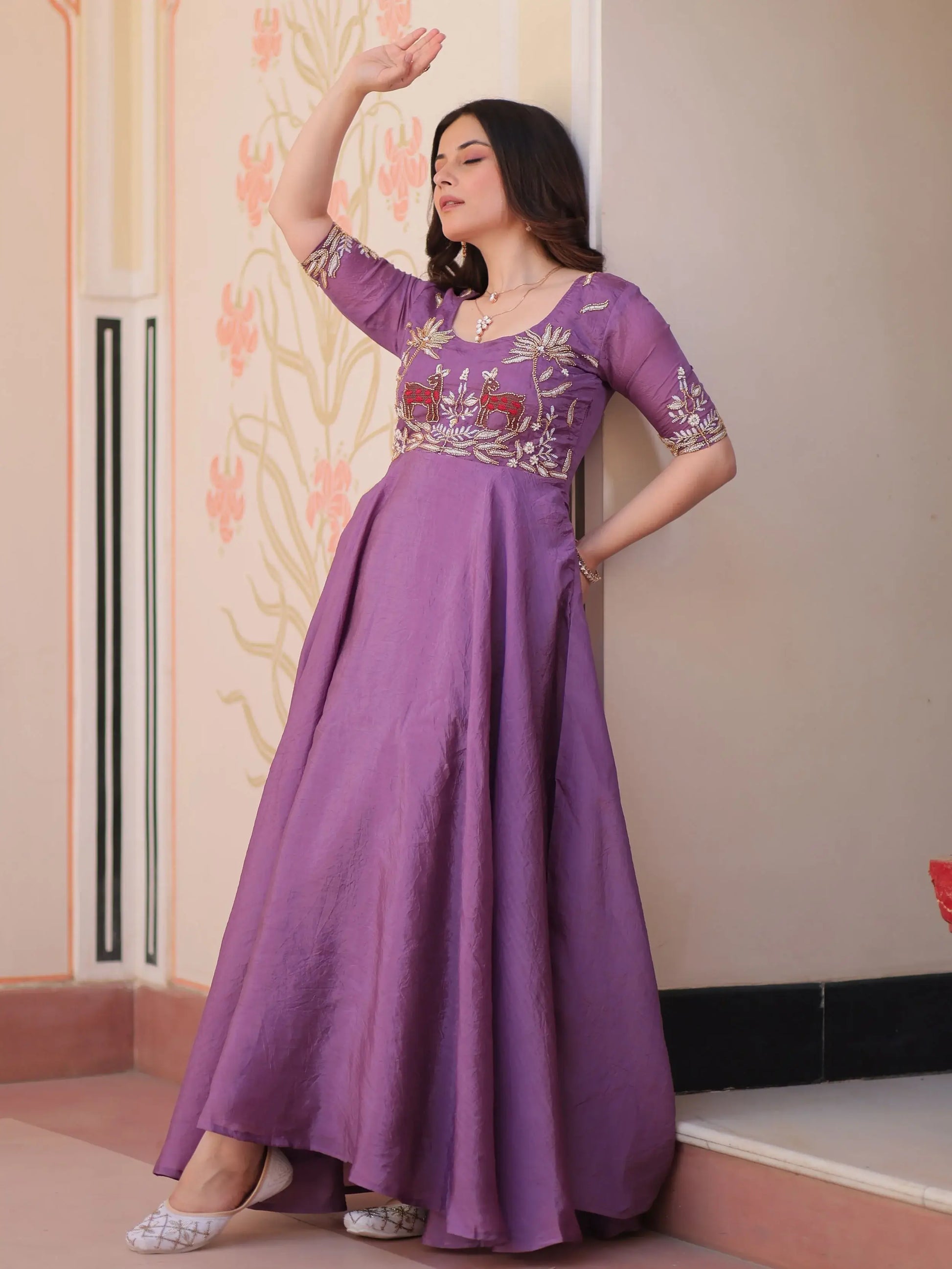 Eye-Catching Purple Bead Embroidered Organza Traditional Gown - Zeel Clothing