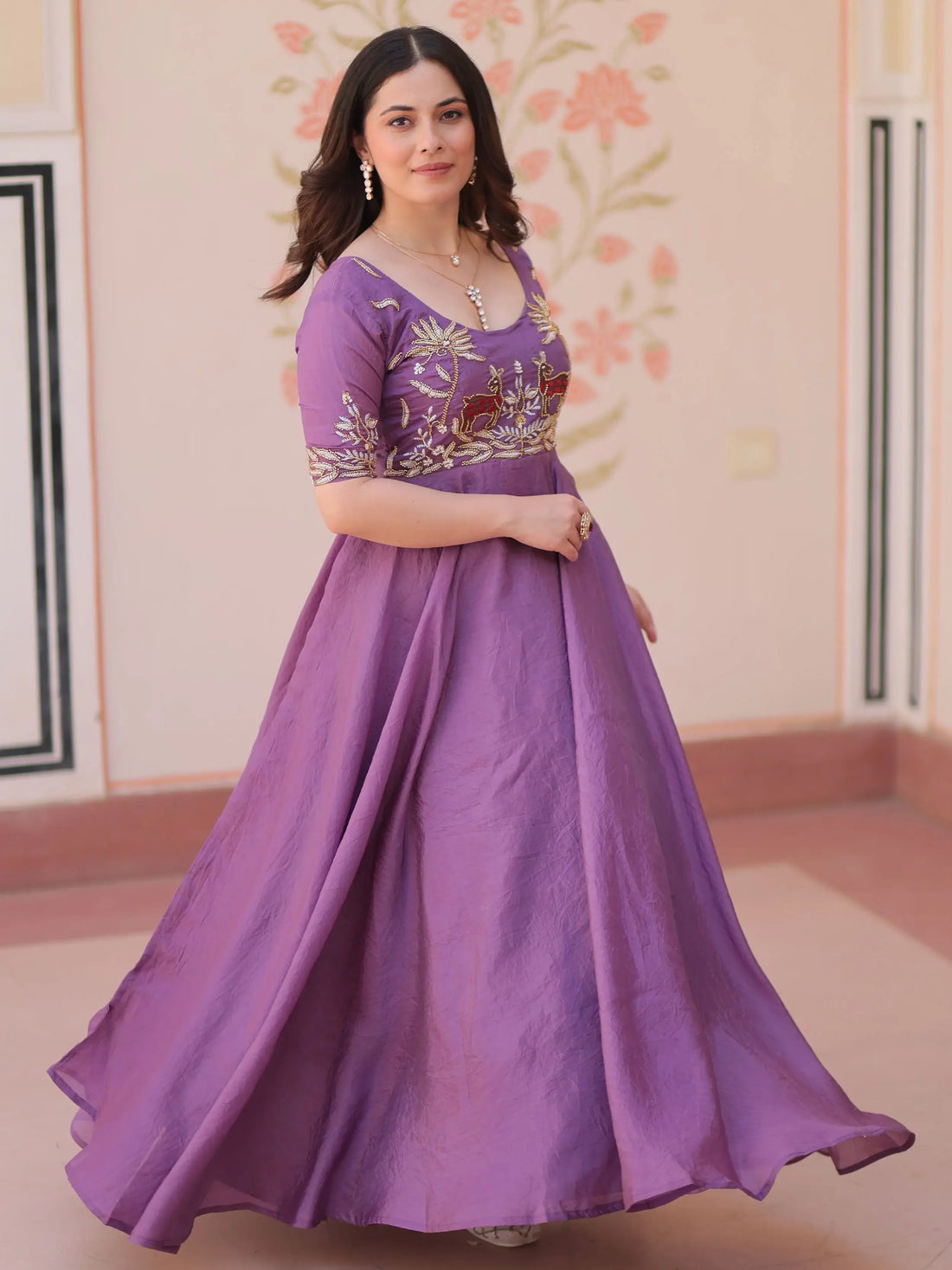 Eye-Catching Purple Bead Embroidered Organza Traditional Gown - Zeel Clothing