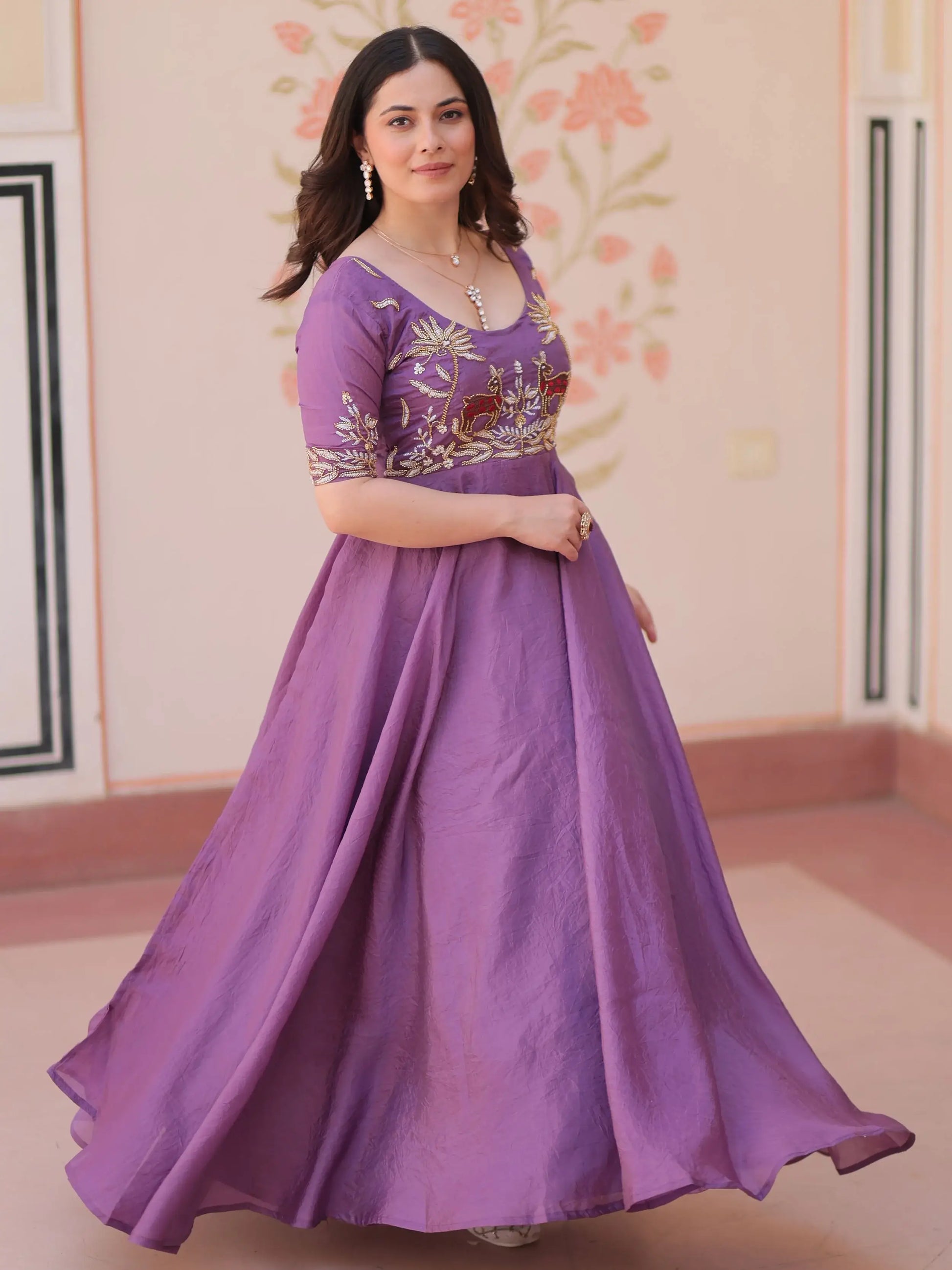 Eye-Catching Purple Bead Embroidered Organza Traditional Gown - Zeel Clothing