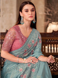 Eye-Catching Sky Blue Border Work Crepe Evening Wear Saree With Blouse - Zeel Clothing