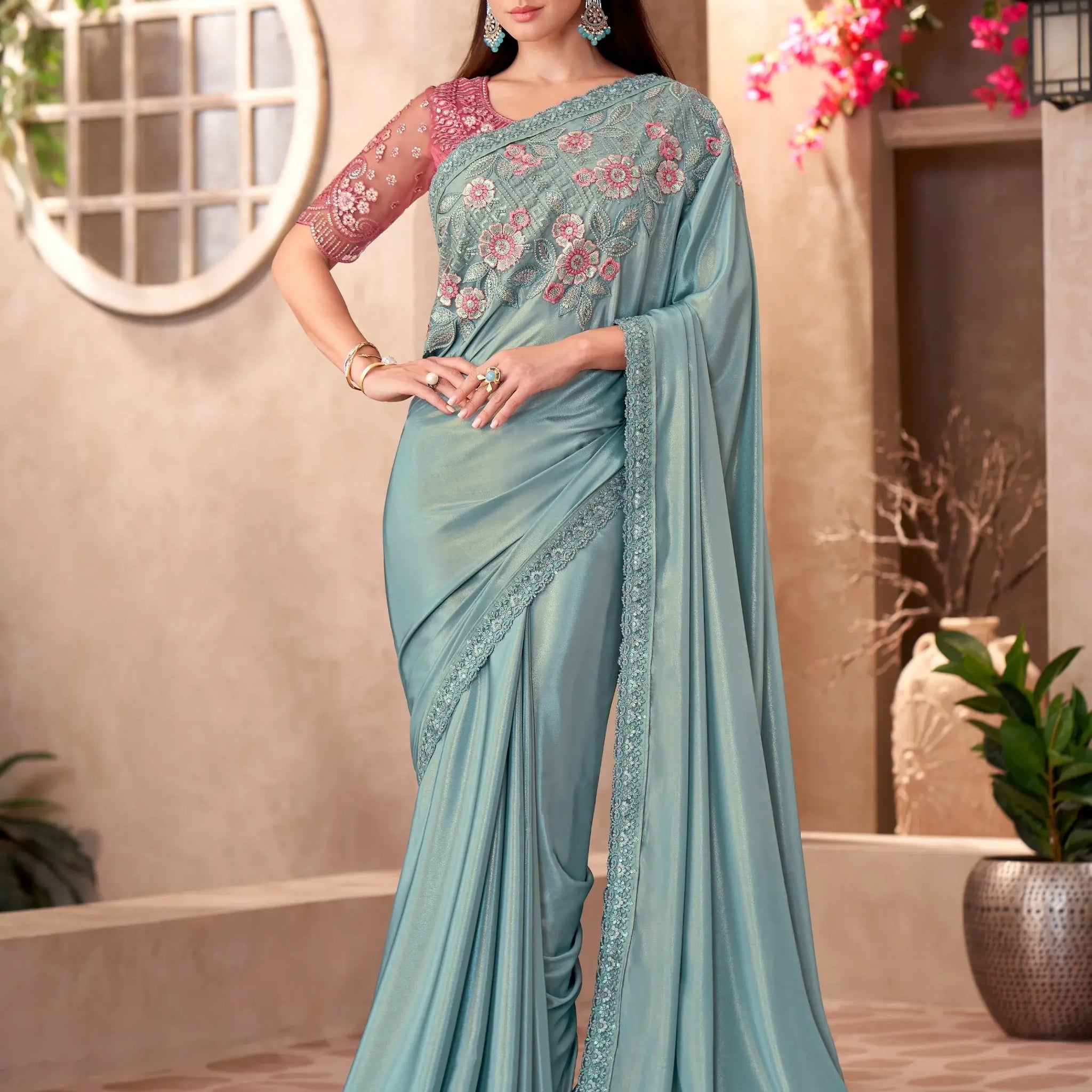Eye-Catching Sky Blue Border Work Crepe Evening Wear Saree With Blouse - Zeel Clothing