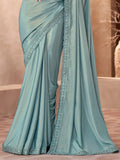 Eye-Catching Sky Blue Border Work Crepe Evening Wear Saree With Blouse - Zeel Clothing