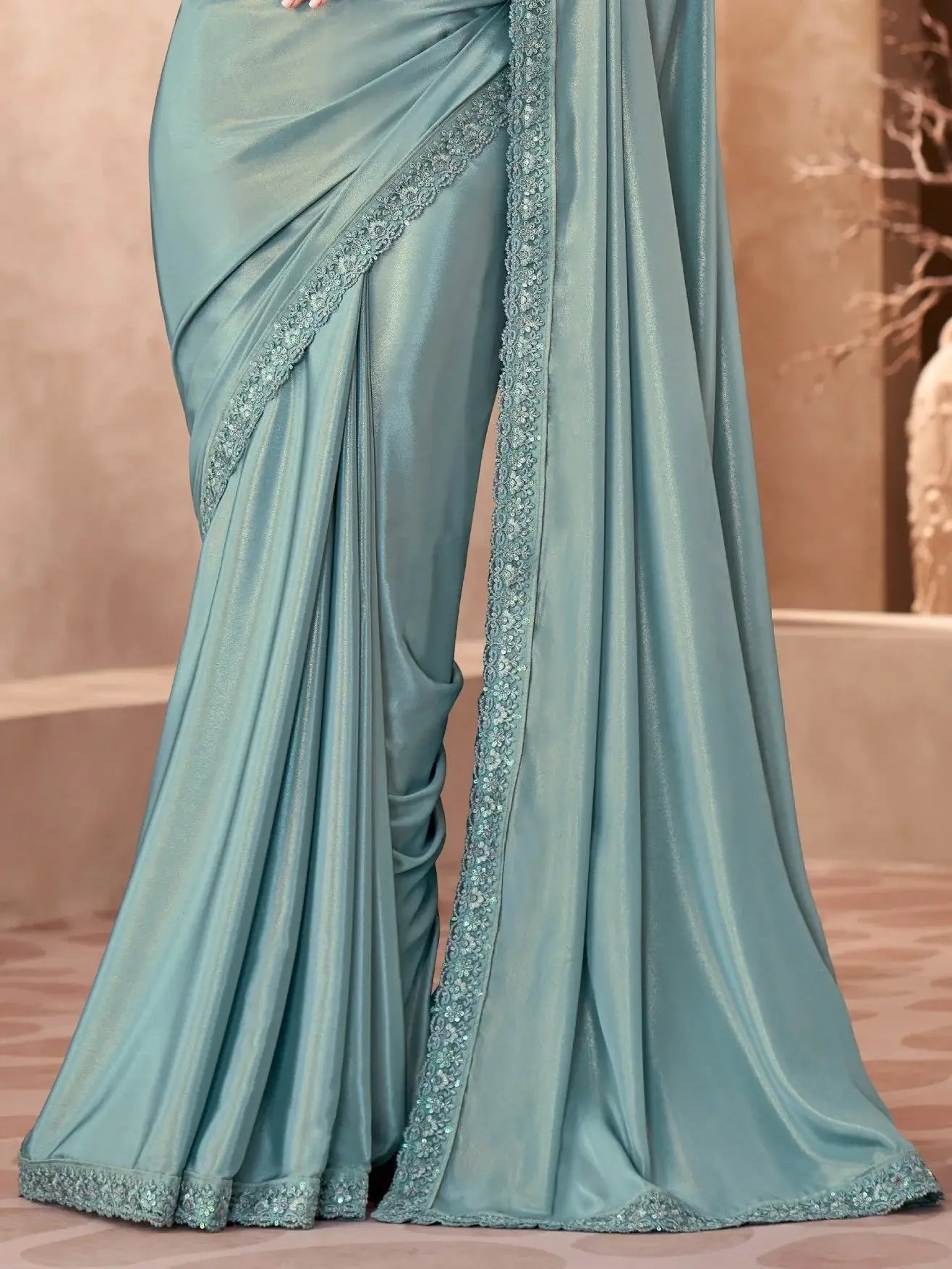 Eye-Catching Sky Blue Border Work Crepe Evening Wear Saree With Blouse - Zeel Clothing