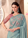 Eye-Catching Sky Blue Border Work Crepe Evening Wear Saree With Blouse - Zeel Clothing
