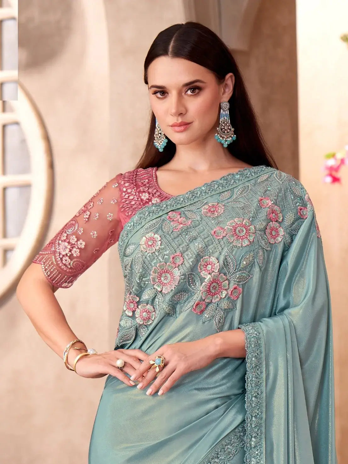 Eye-Catching Sky Blue Border Work Crepe Evening Wear Saree With Blouse - Zeel Clothing