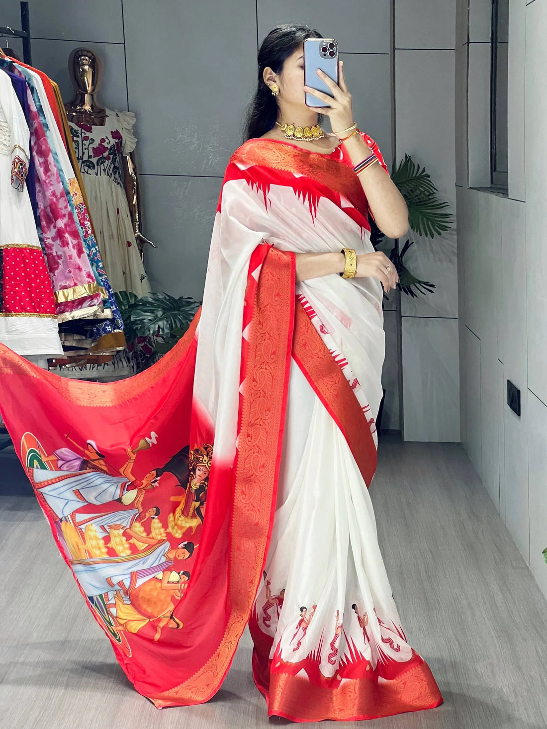 Eye-Catching White Printed Silk Puja Special Saree With Red Blouse