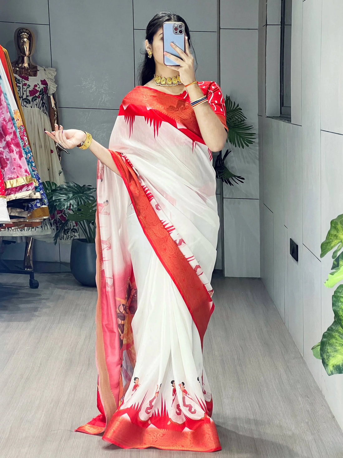 Eye-Catching White Printed Silk Puja Special Saree With Red Blouse
