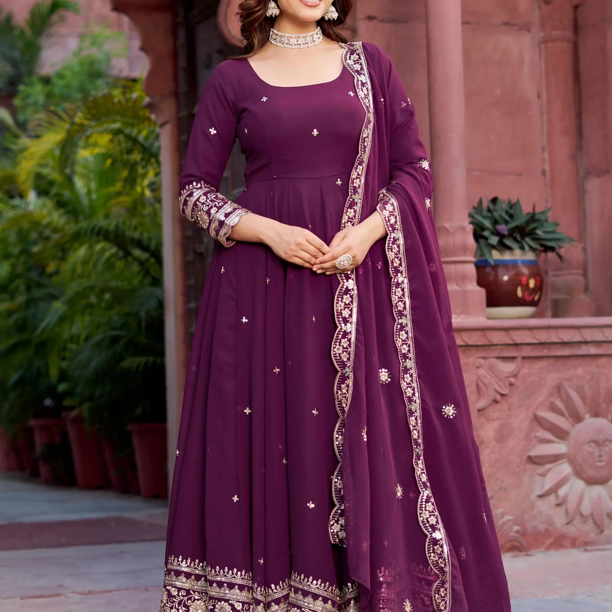 Eye-Catching Wine Sequins Georgette Wedding Gown With Dupatta - Zeel Clothing