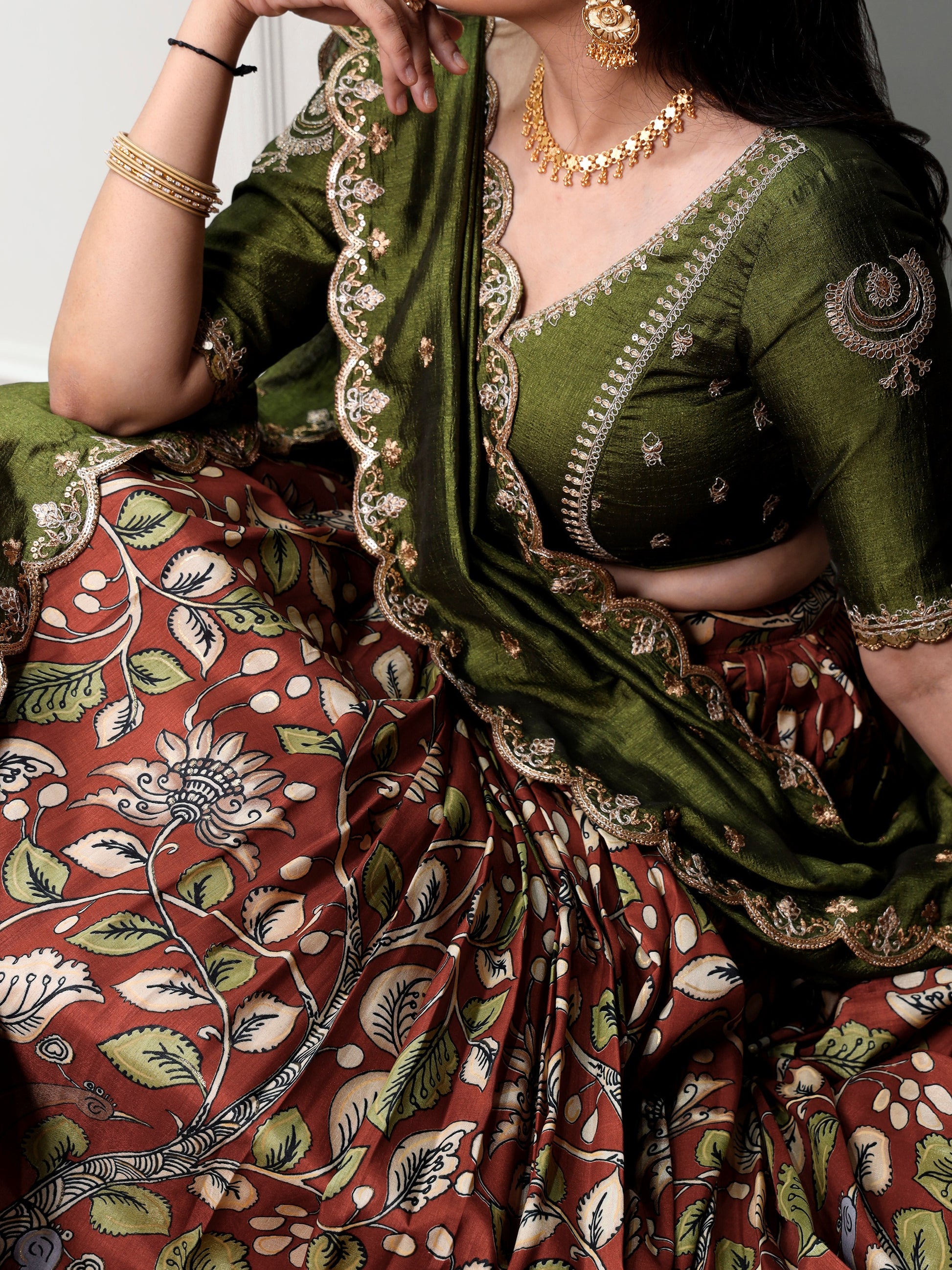 Glamorous Rust Orange Kalamkari Silk Festival Wear Lehenga Choli
