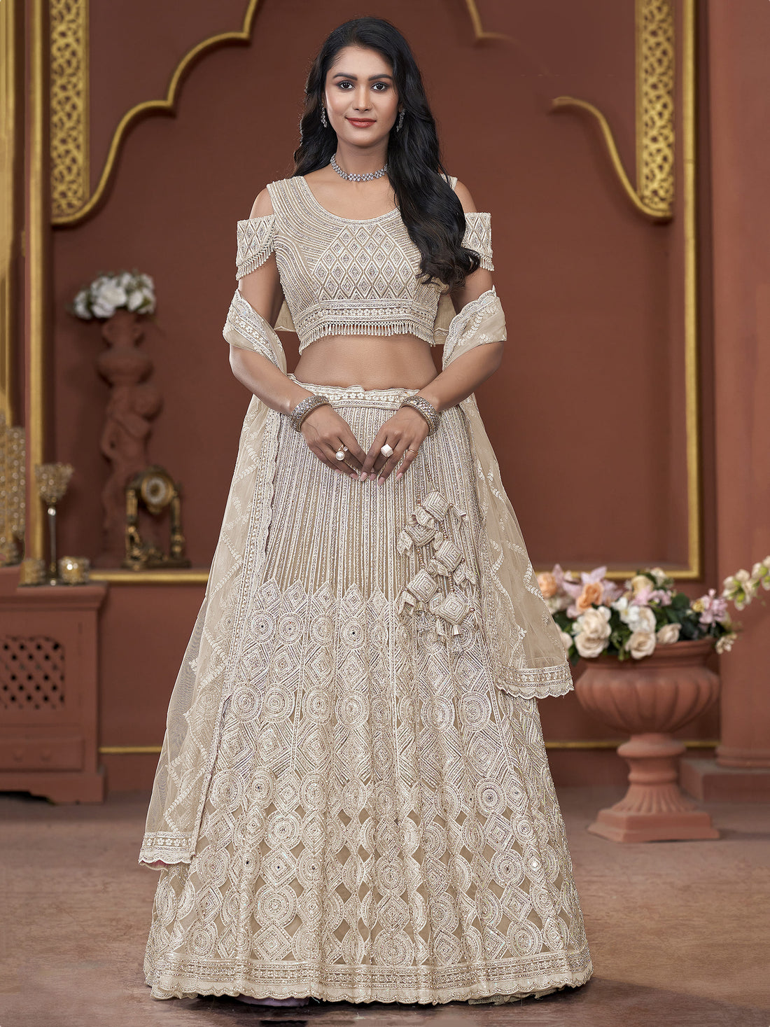Fabulous Beige Jarkan Work Net Bridesmaid Lehenga Choli With Dupatta - Zeel Clothing