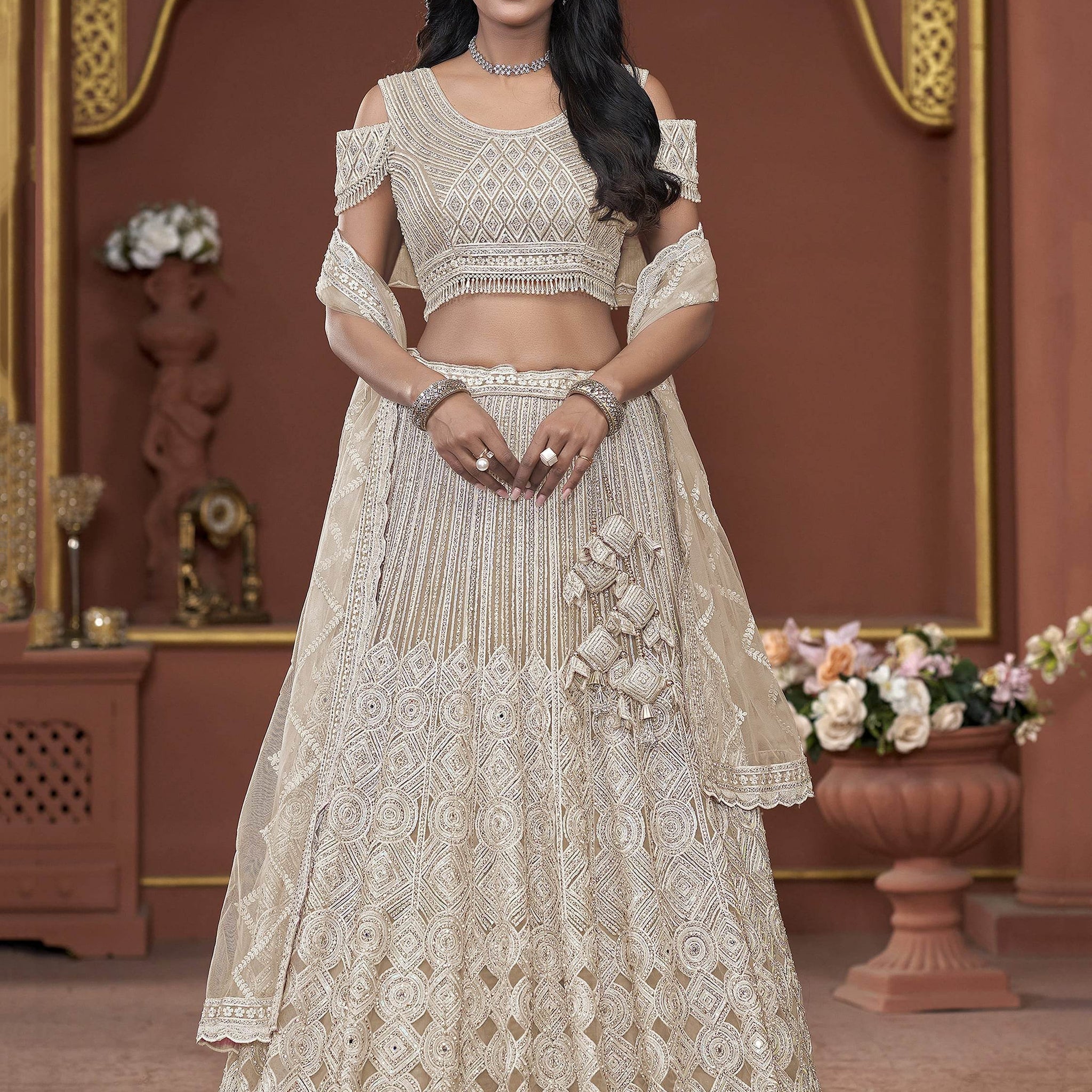 Fabulous Beige Jarkan Work Net Bridesmaid Lehenga Choli With Dupatta - Zeel Clothing