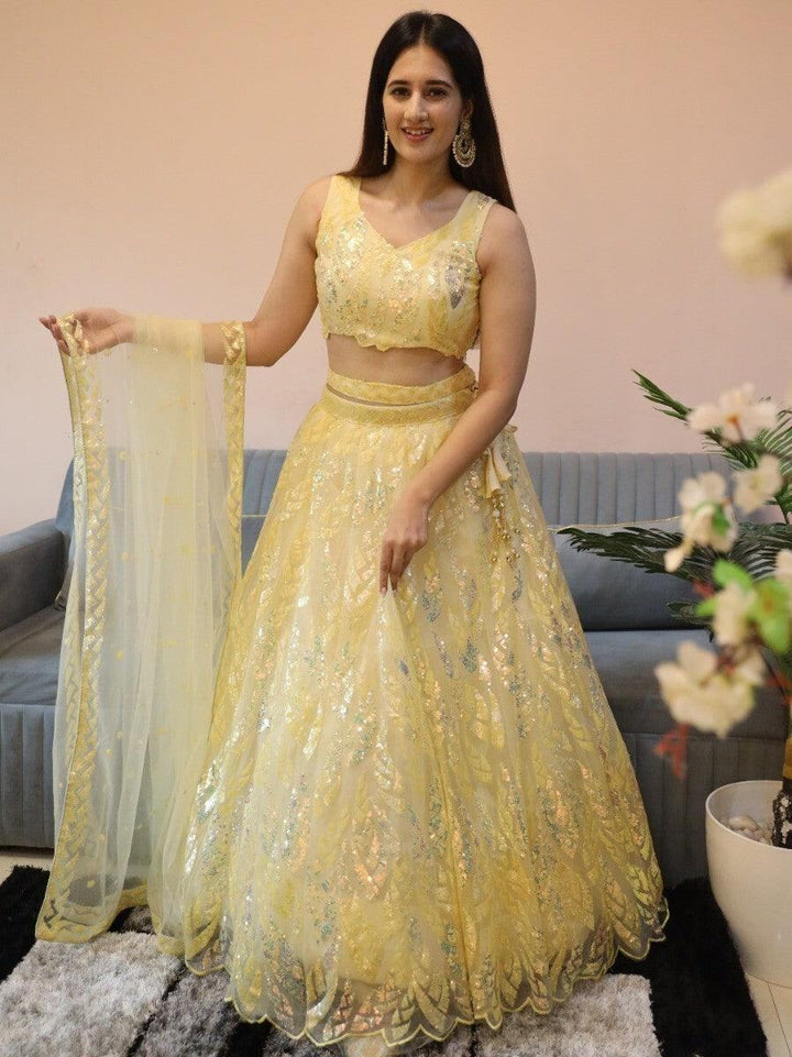 Fabulous Beige Sequins Net Reception Wear Lehenga Choli With Dupatta