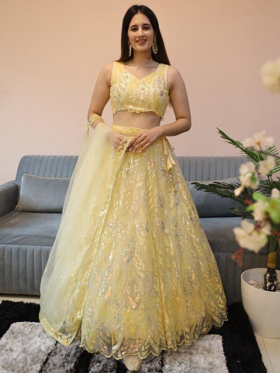 Fabulous Beige Sequins Net Reception Wear Lehenga Choli With Dupatta