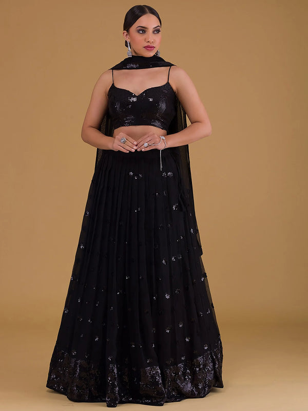 Fabulous Black Embroidered Georgette Reception Wear Lehenga Choli - Zeel Clothing