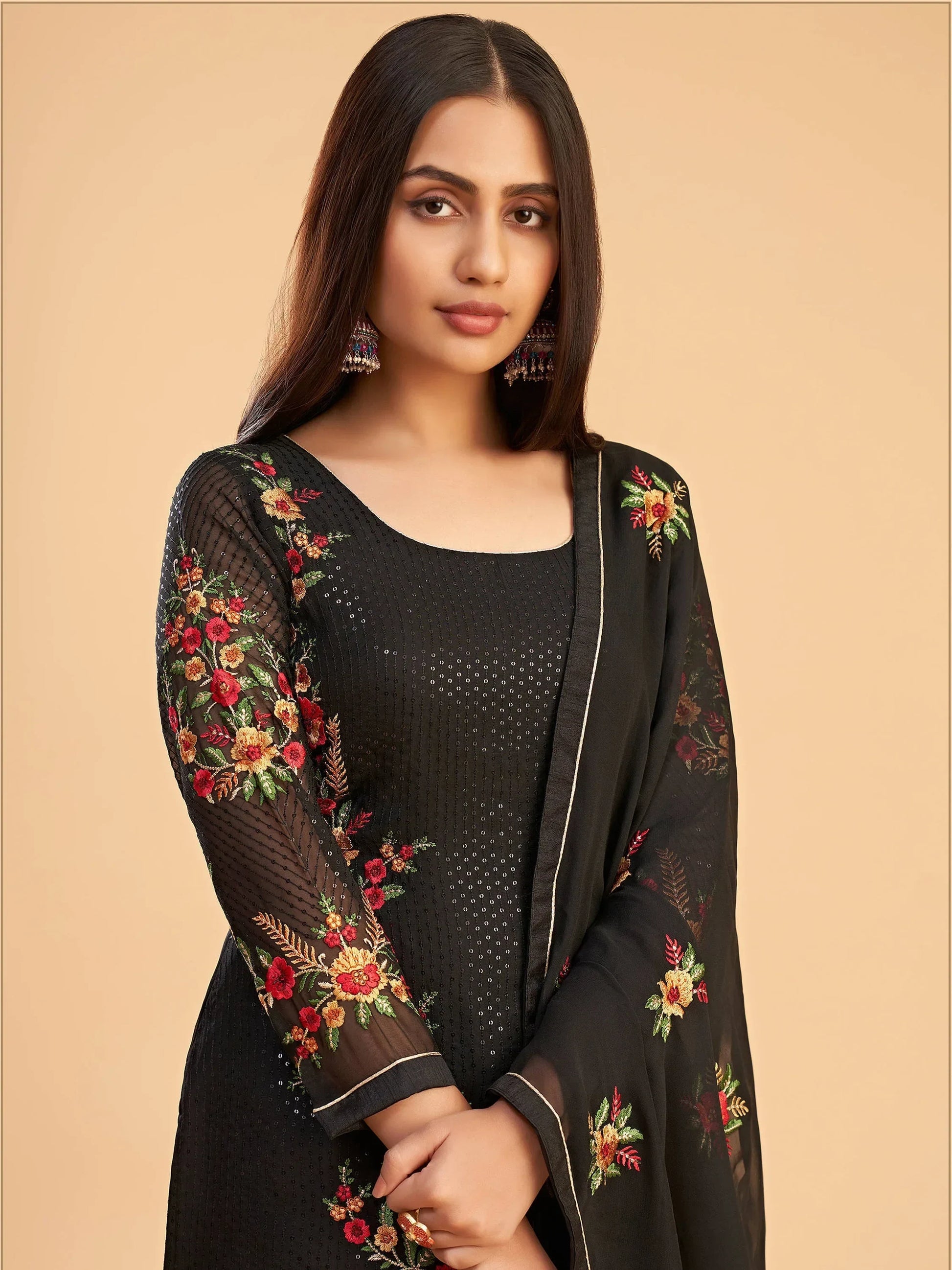 Fabulous Black Sequins Embroidered Georgette Salwar Suit - Zeel Clothing