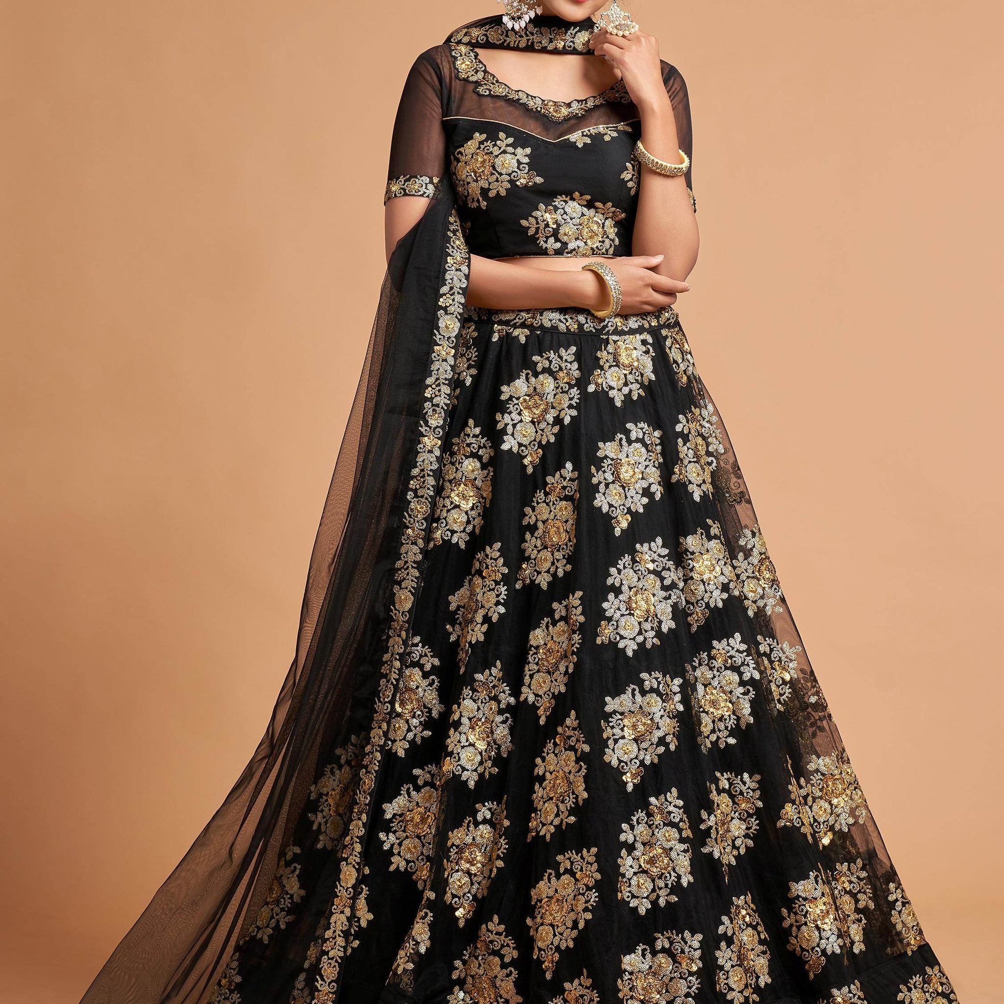 Fabulous Black Zari Embroidery Net Reception Wear Lehenga Choli - Zeel Clothing
