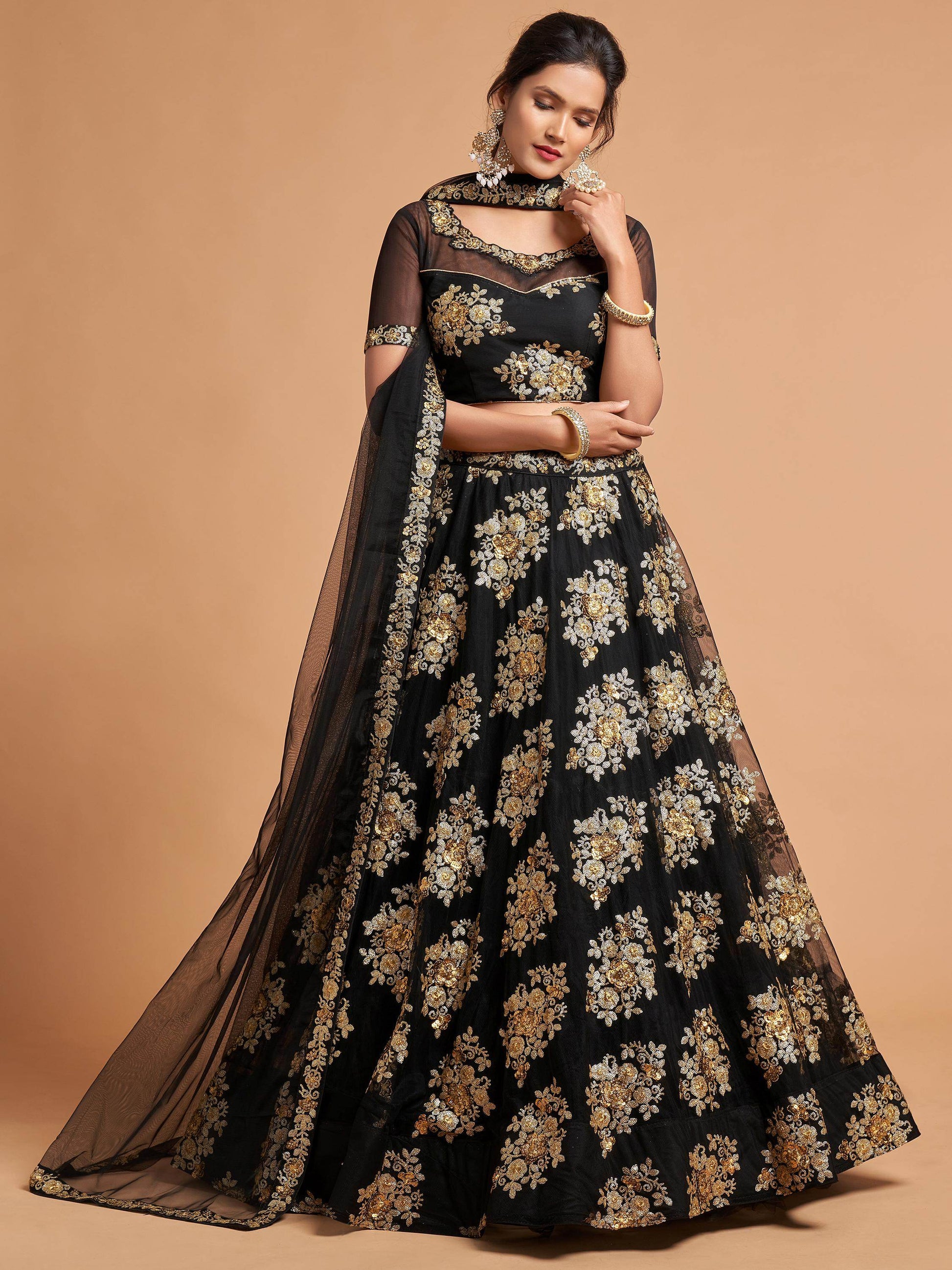 Fabulous Black Zari Embroidery Net Reception Wear Lehenga Choli - Zeel Clothing