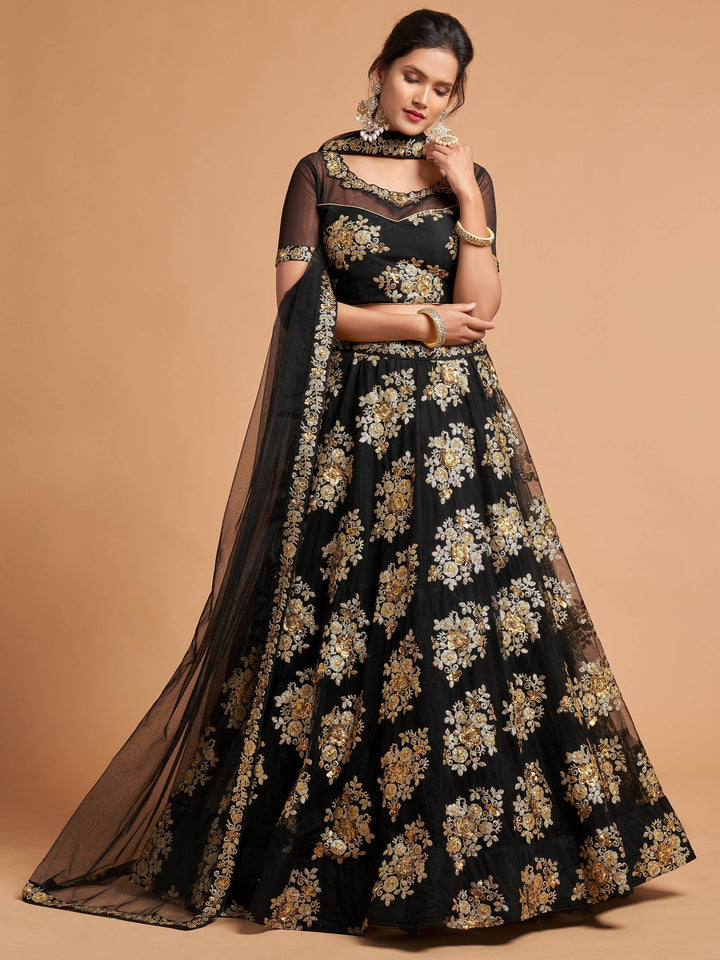 Fabulous Black Zari Embroidery Net Reception Wear Lehenga Choli - Zeel Clothing