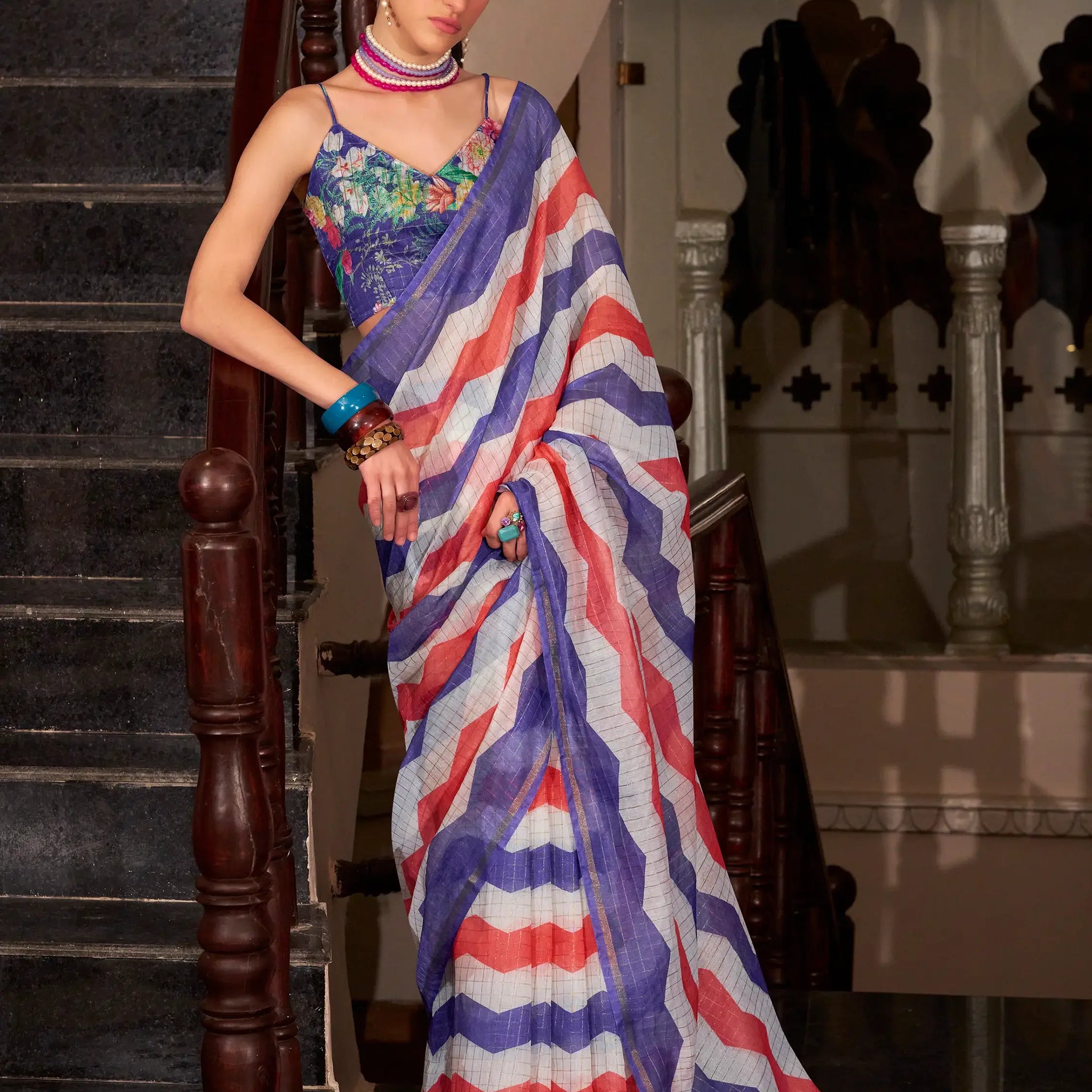 Fabulous Blue Printed Cotton Casual Wear Saree With Blouse - Zeel Clothing