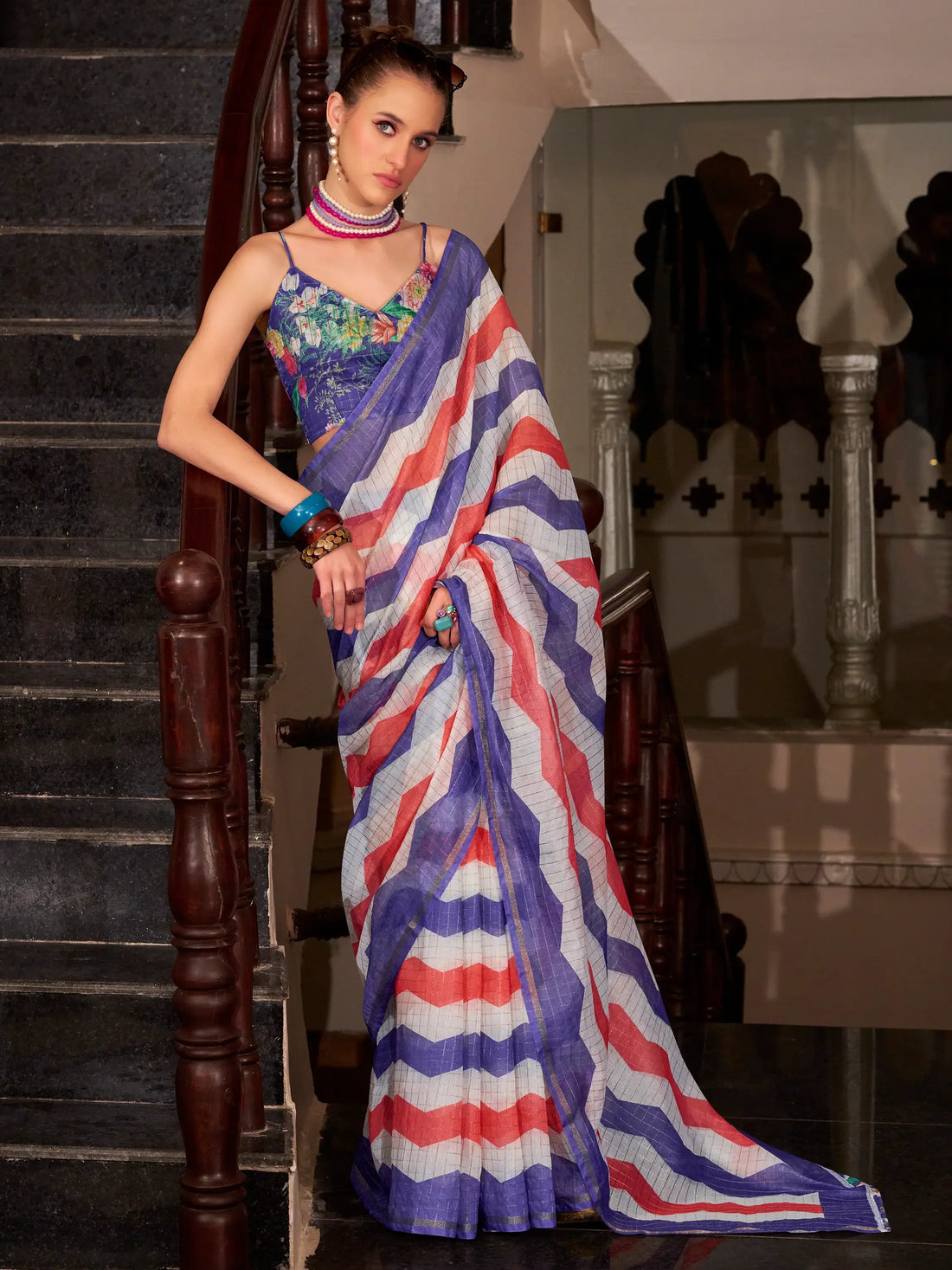 Fabulous Blue Printed Cotton Casual Wear Saree With Blouse - Zeel Clothing