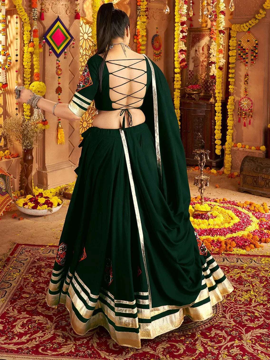 Fabulous Bottle Green Patch Work Rayon Navratri Wear Lehenga With Blouse - Zeel Clothing