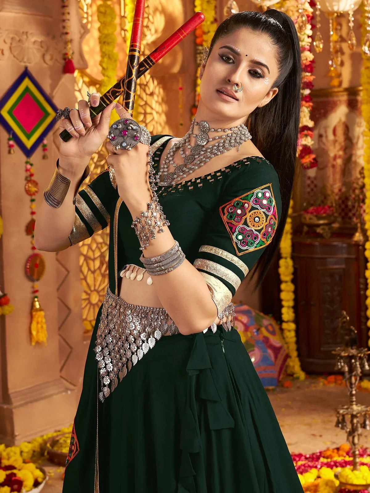 Fabulous Bottle Green Patch Work Rayon Navratri Wear Lehenga With Blouse - Zeel Clothing
